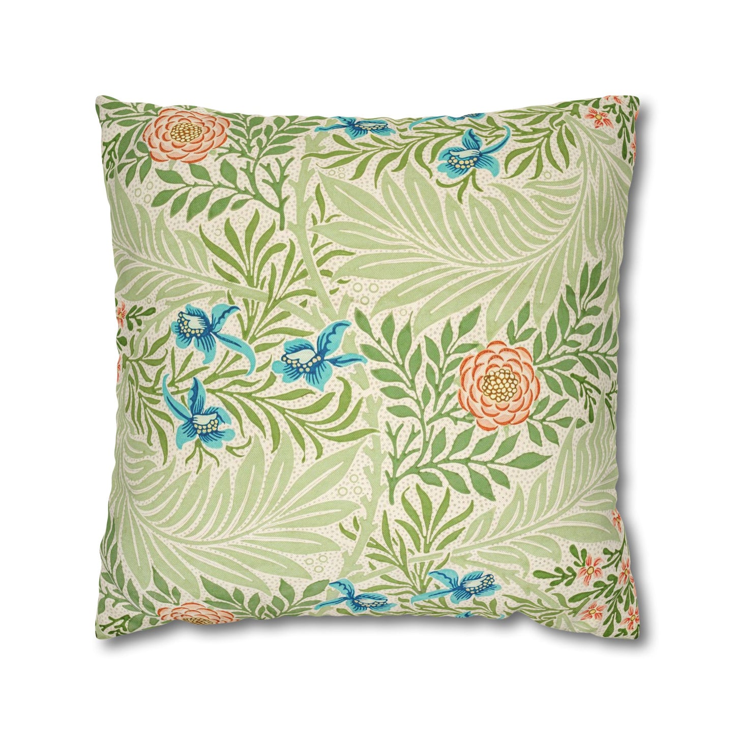 Decorative pillow with floral and butterfly pattern on a white background