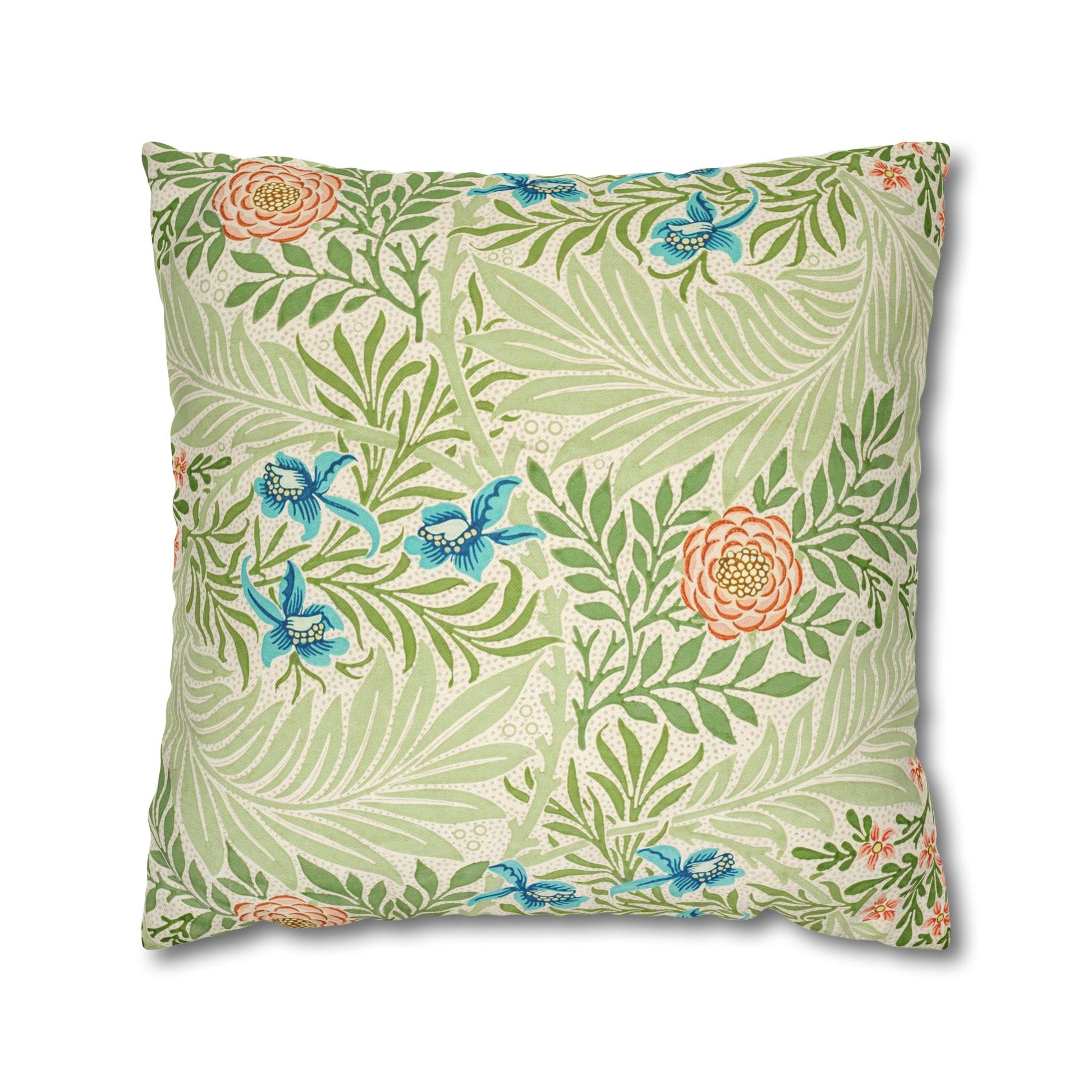 Decorative pillow with floral and butterfly pattern on a white background