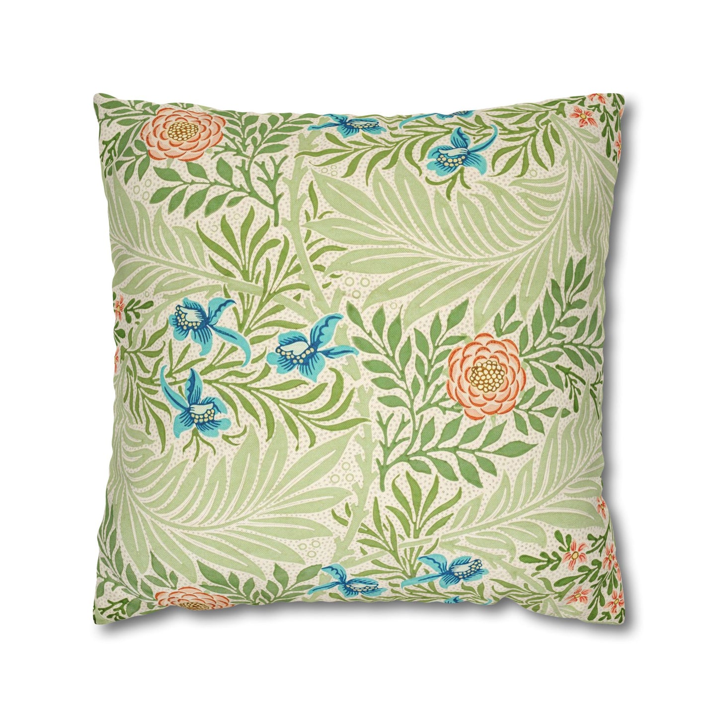 Decorative pillow with floral and leaf pattern on a white background