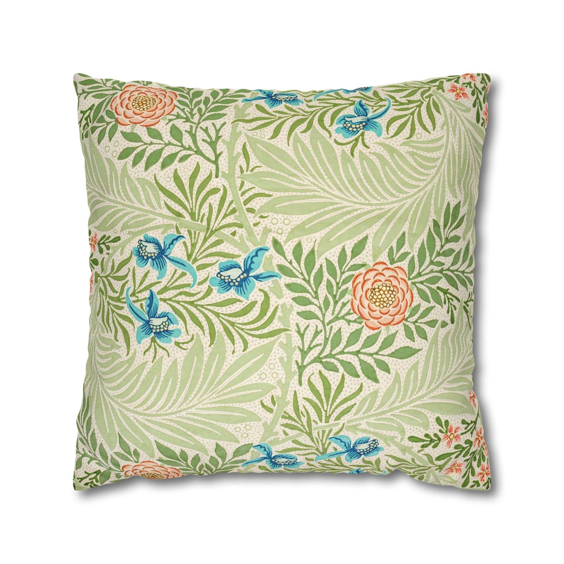 Decorative pillow with floral and leaf pattern on a white background