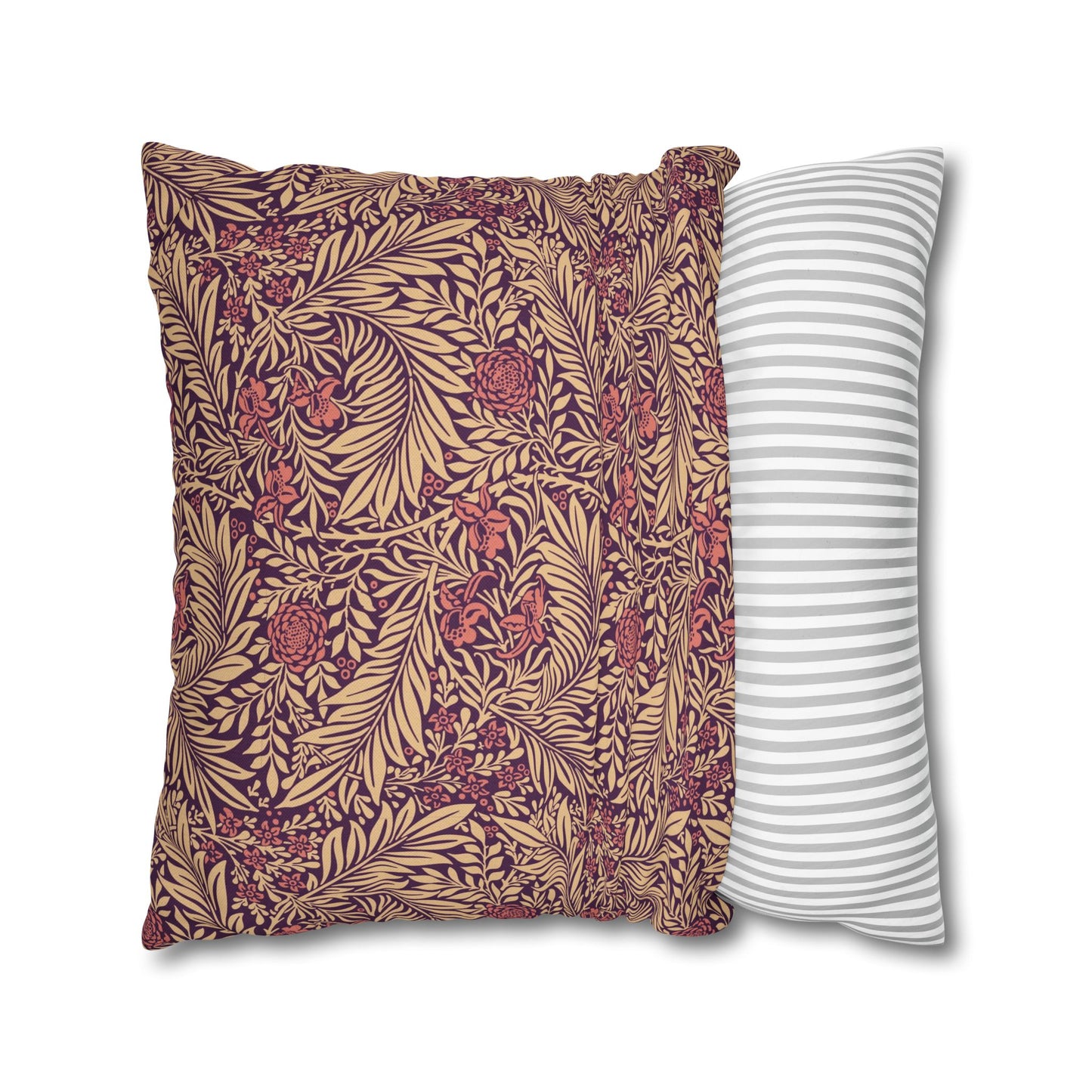 Two pillows, one with a floral pattern and the other with a striped pattern, on a white background.