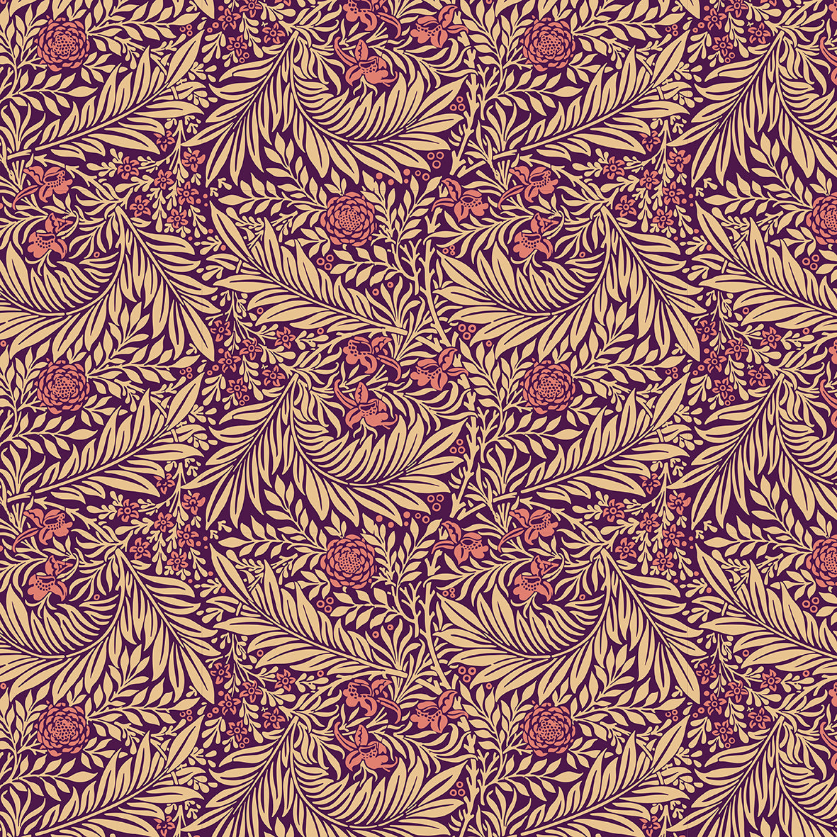 Patterned fabric with leaf design in gold and brown on a dark background