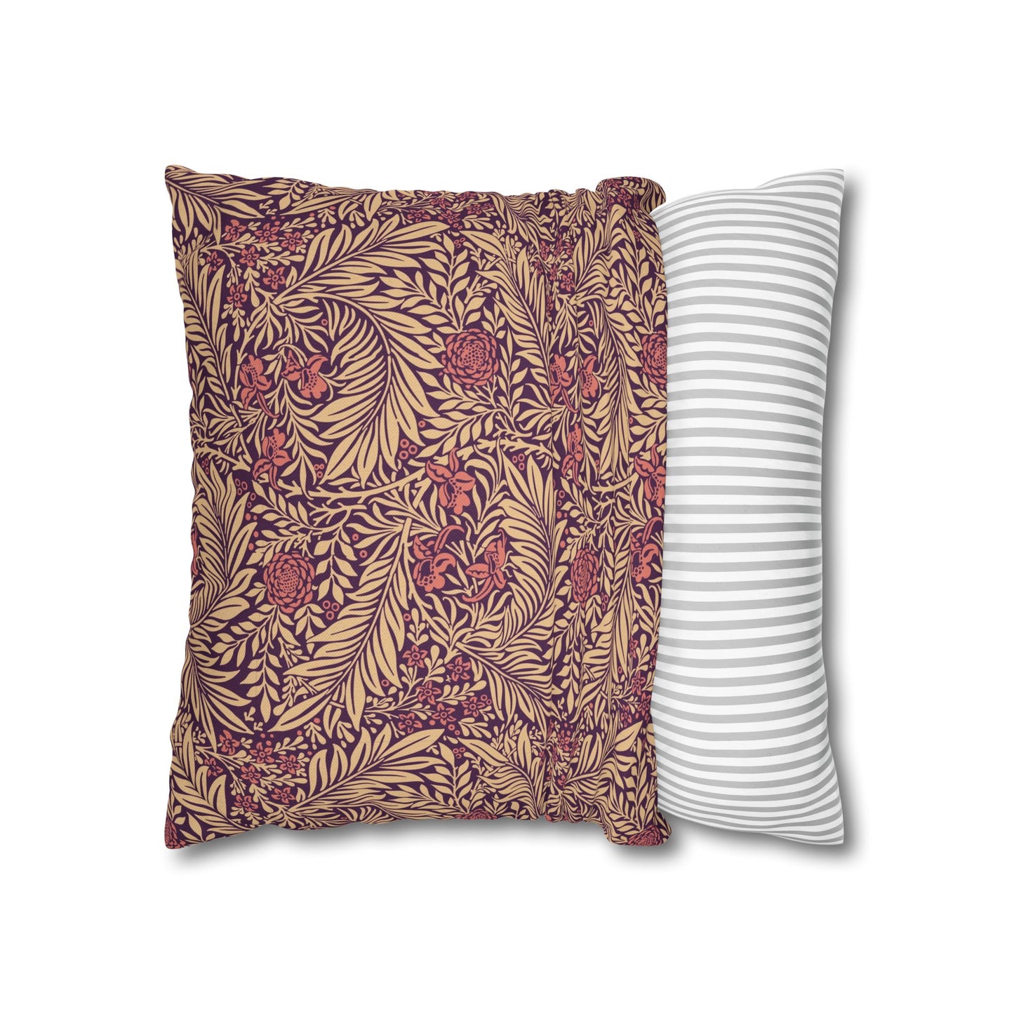 Two pillows, one with a floral pattern and the other with a striped pattern, on a white background.