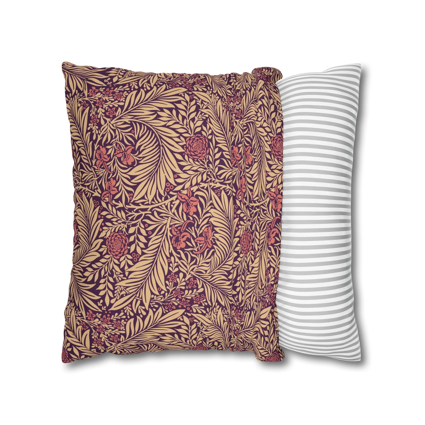 Two pillows, one with a floral pattern and the other with a striped pattern, on a white background.