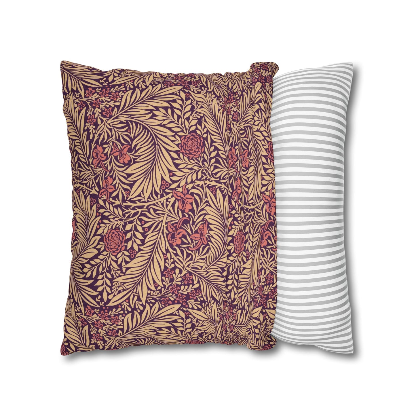 Two pillows, one with a floral pattern and the other with a striped pattern, on a white background.