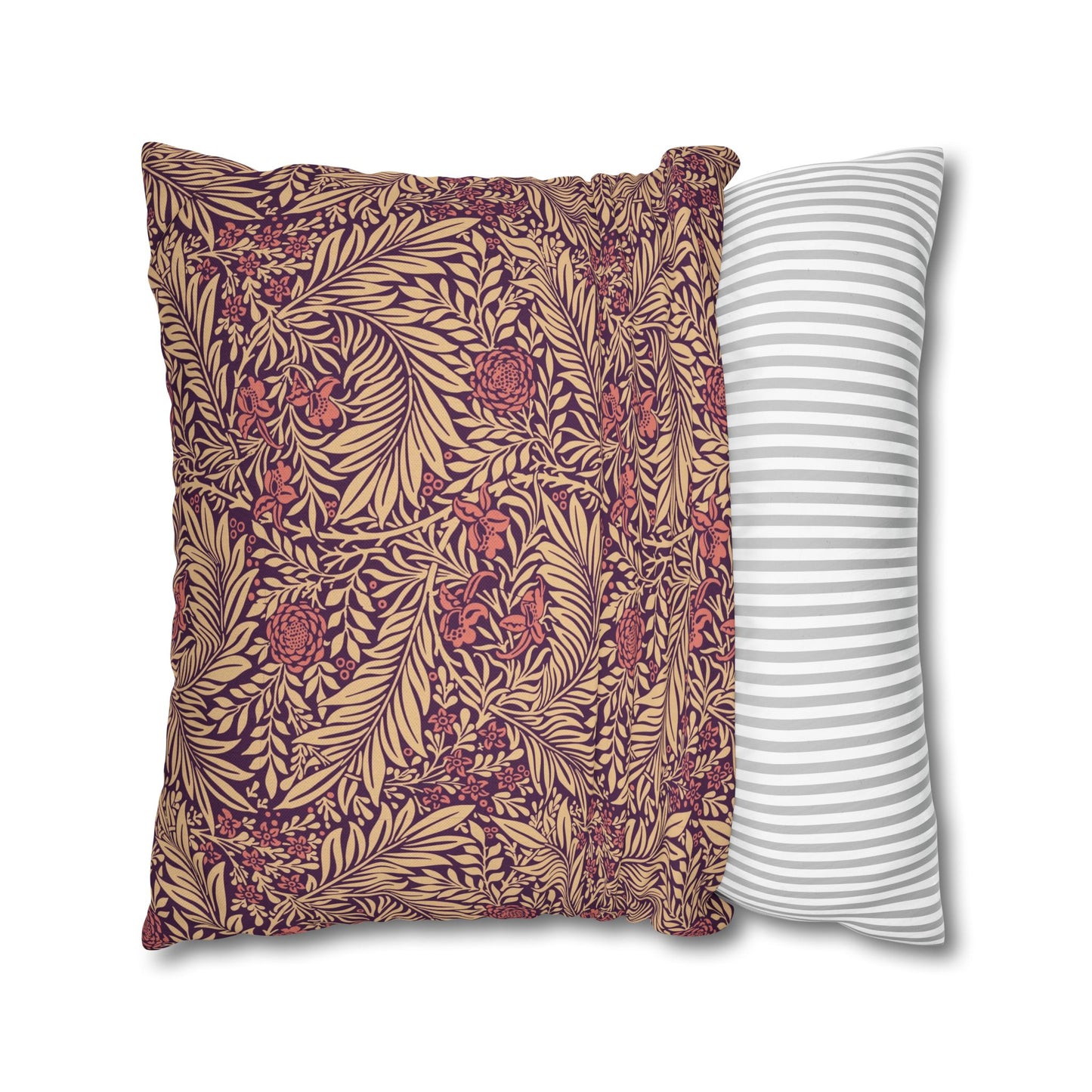 Two pillows, one with a floral pattern and the other with a striped pattern, on a white background.