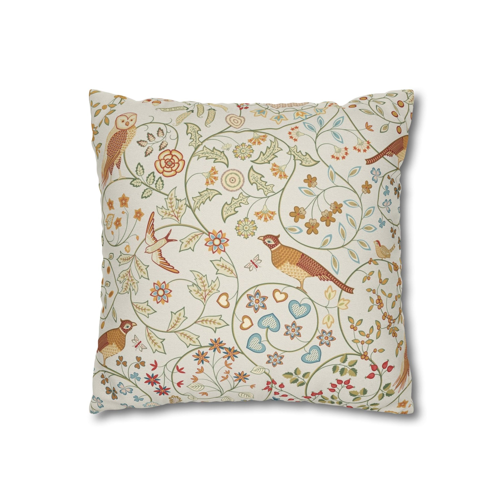 Decorative pillow with bird and floral pattern on a white background