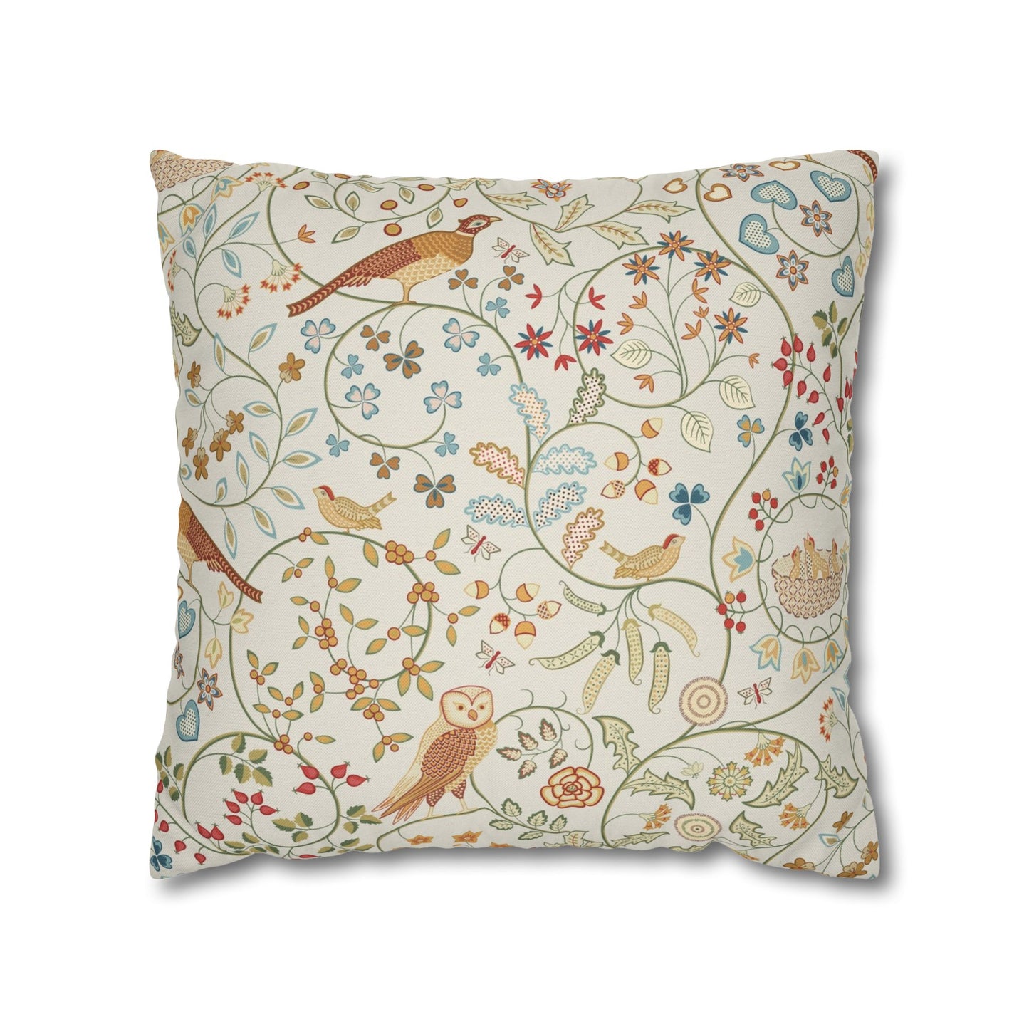 Decorative pillow with bird and floral pattern on a white background