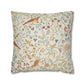 Decorative pillow with bird and floral pattern on a white background