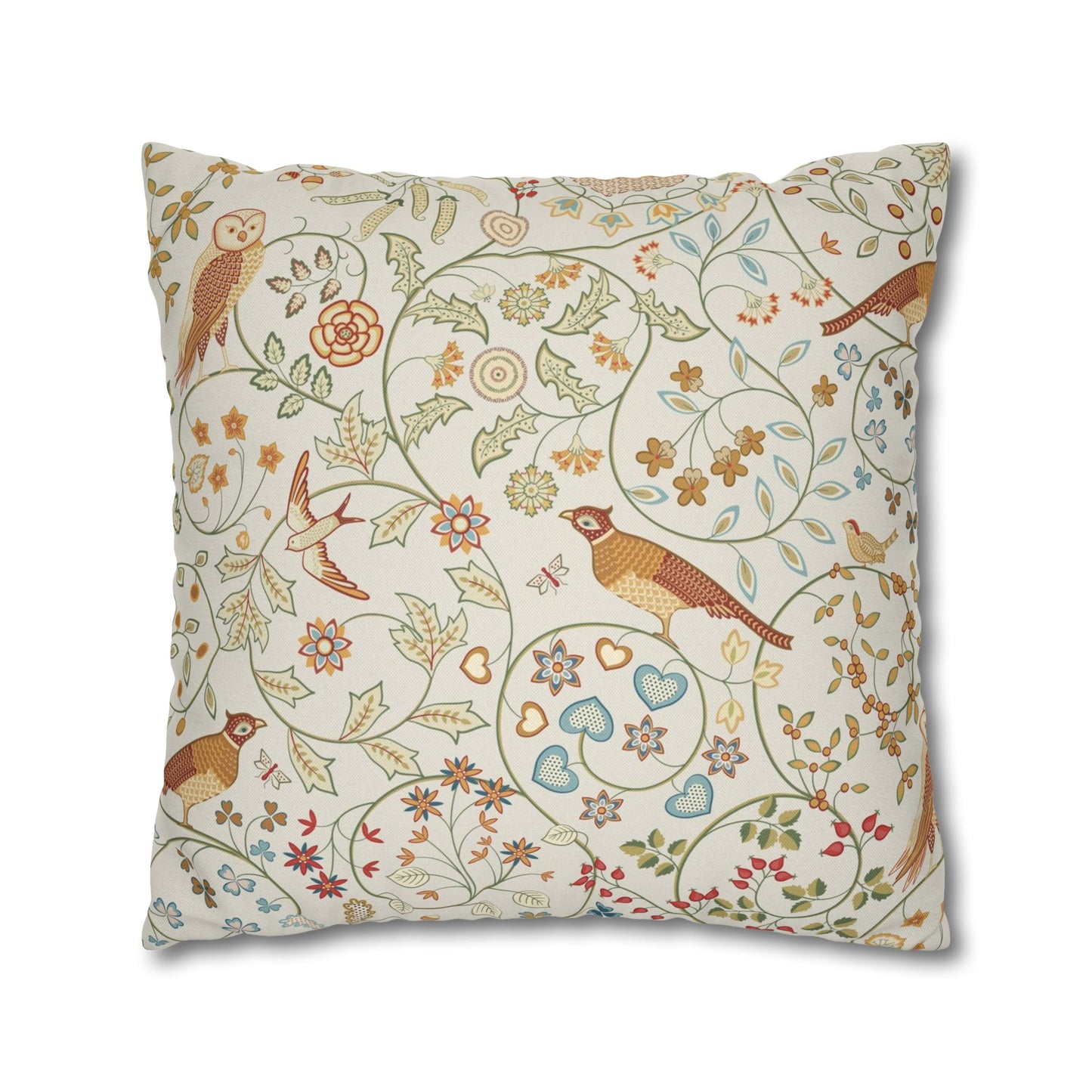 Decorative pillow with floral and bird pattern on a white background