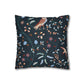 Decorative pillow with bird and floral pattern on a dark background