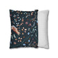 Two pillows, one with a dark floral pattern and the other with a white stripe design, on a white background.