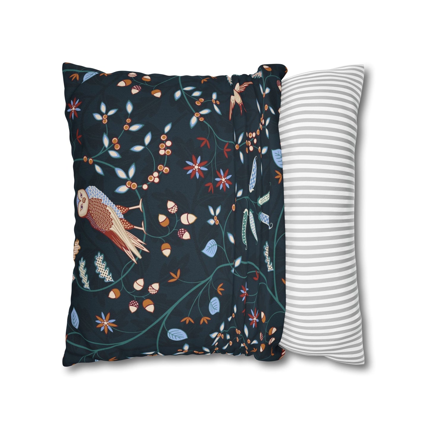 Two pillows, one with a floral pattern and the other with a striped pattern, on a white background.