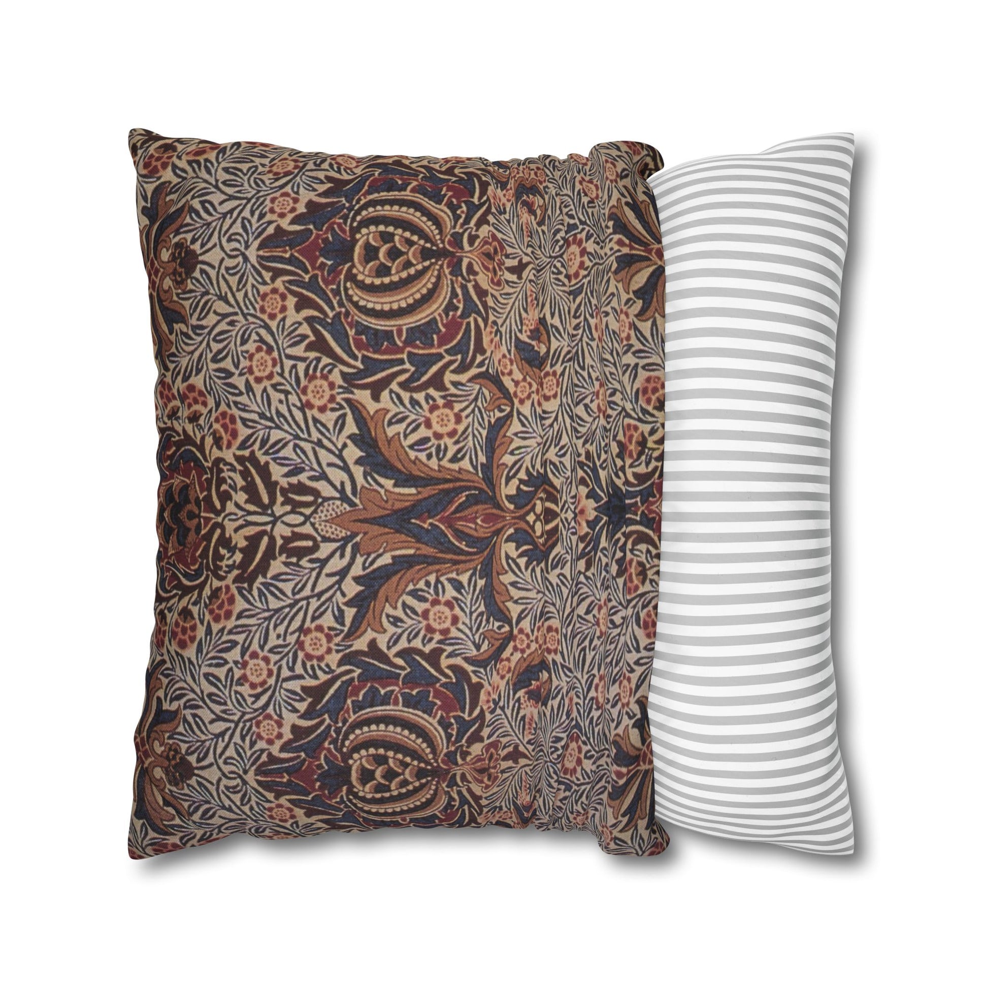 Two pillows, one with a floral pattern and the other with a striped pattern, on a white background.