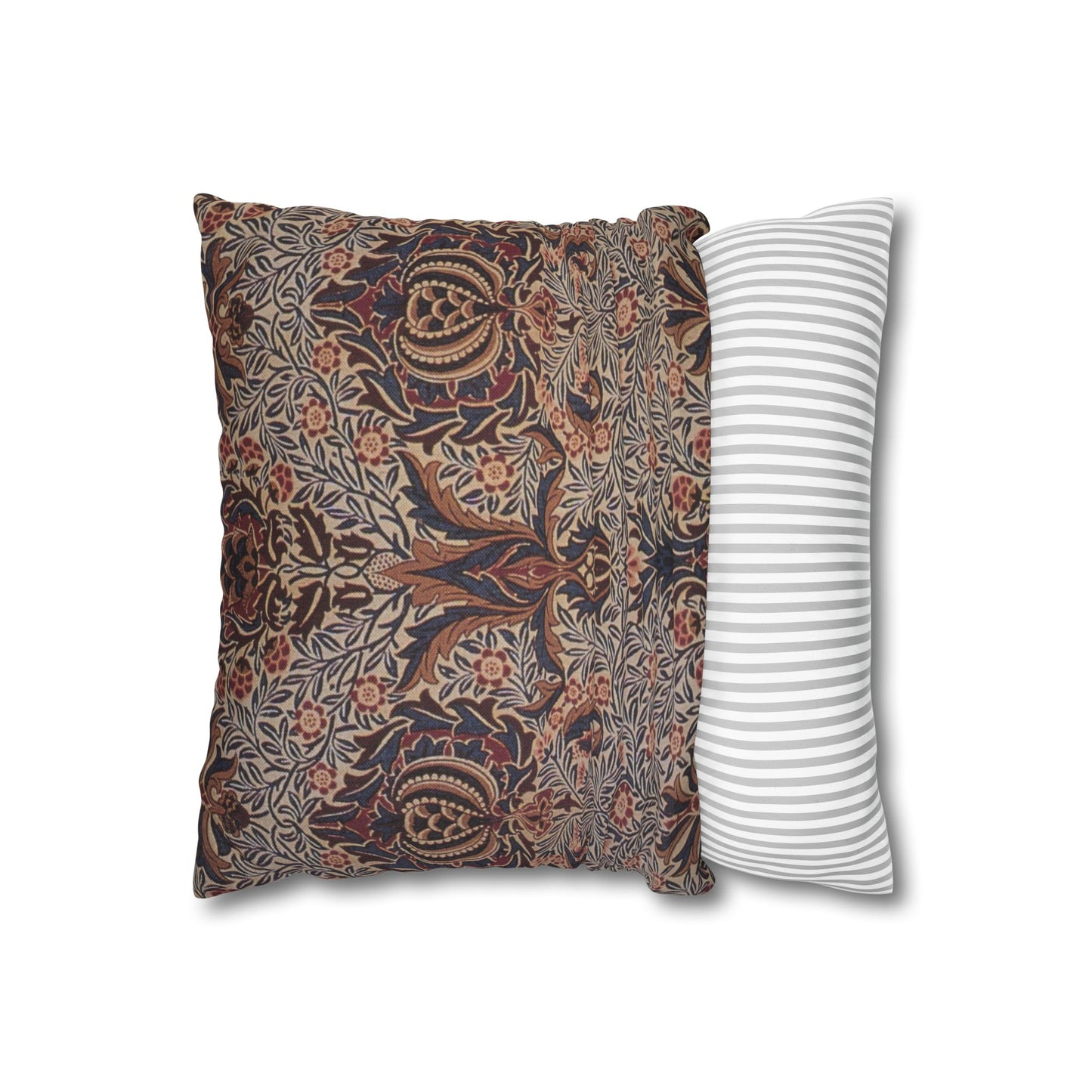 Two pillows, one with floral pattern and one with stripes, on a white background