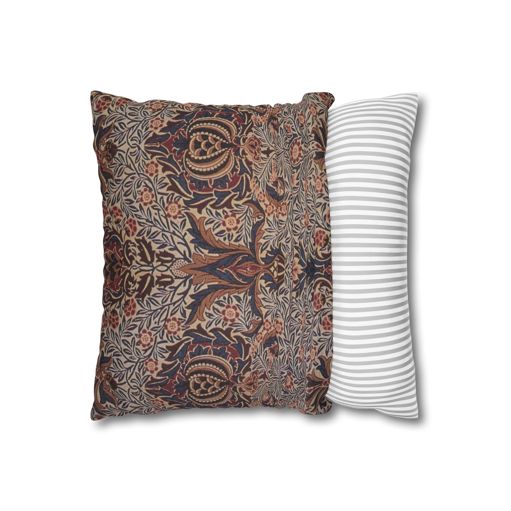 Two pillows, one with a floral pattern and the other with a striped pattern, on a white background.