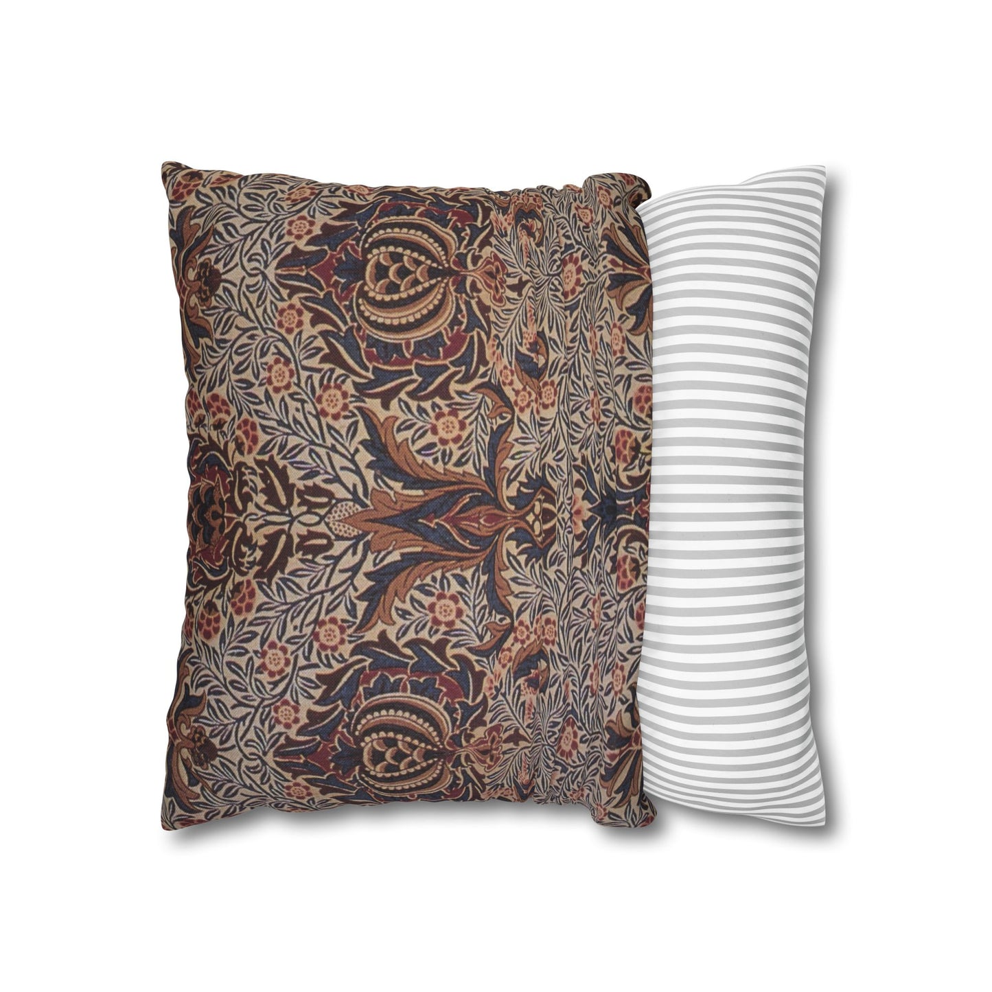 Two pillows, one with a floral pattern and the other with a striped pattern, on a white background.
