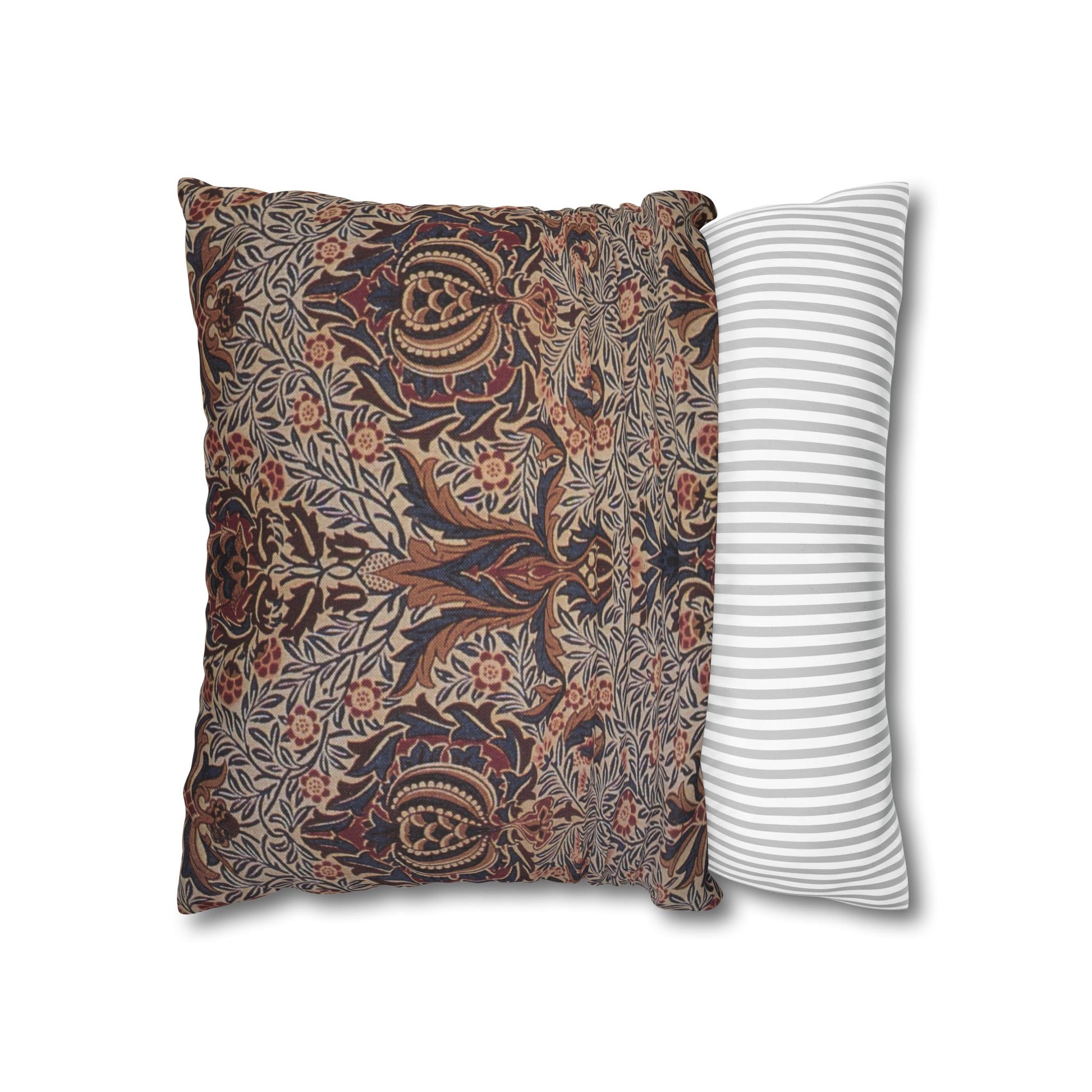 Two pillows, one with a floral pattern and the other with a striped pattern, on a white background.