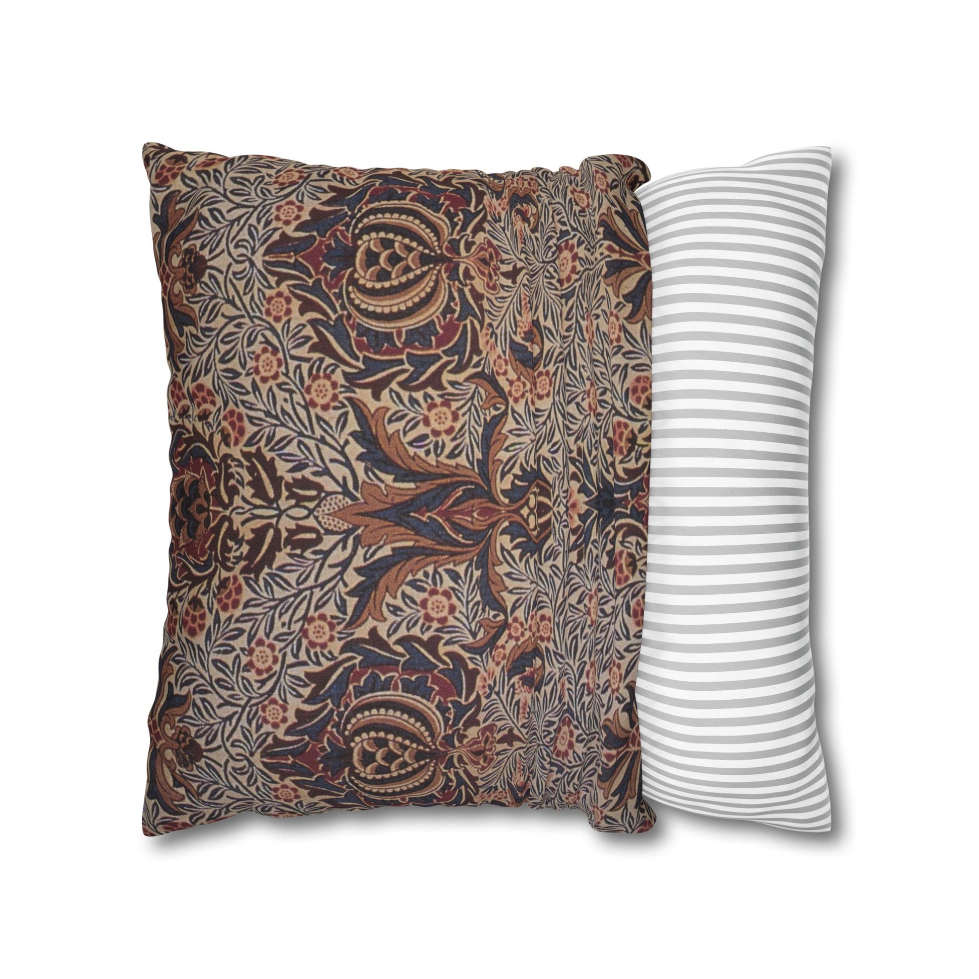 Two pillows, one with a floral pattern and the other with a striped pattern, on a white background.