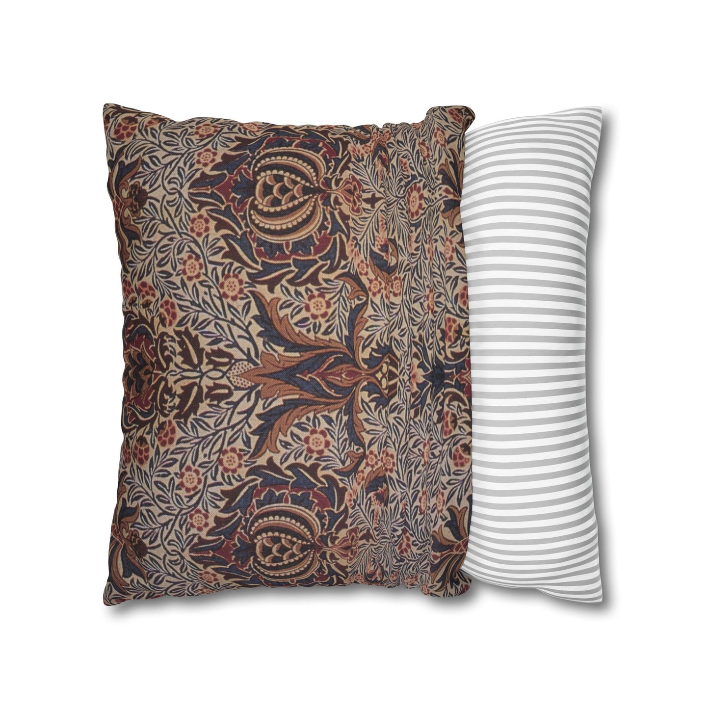 Two pillows, one with a floral pattern and the other with a striped pattern, on a white background.