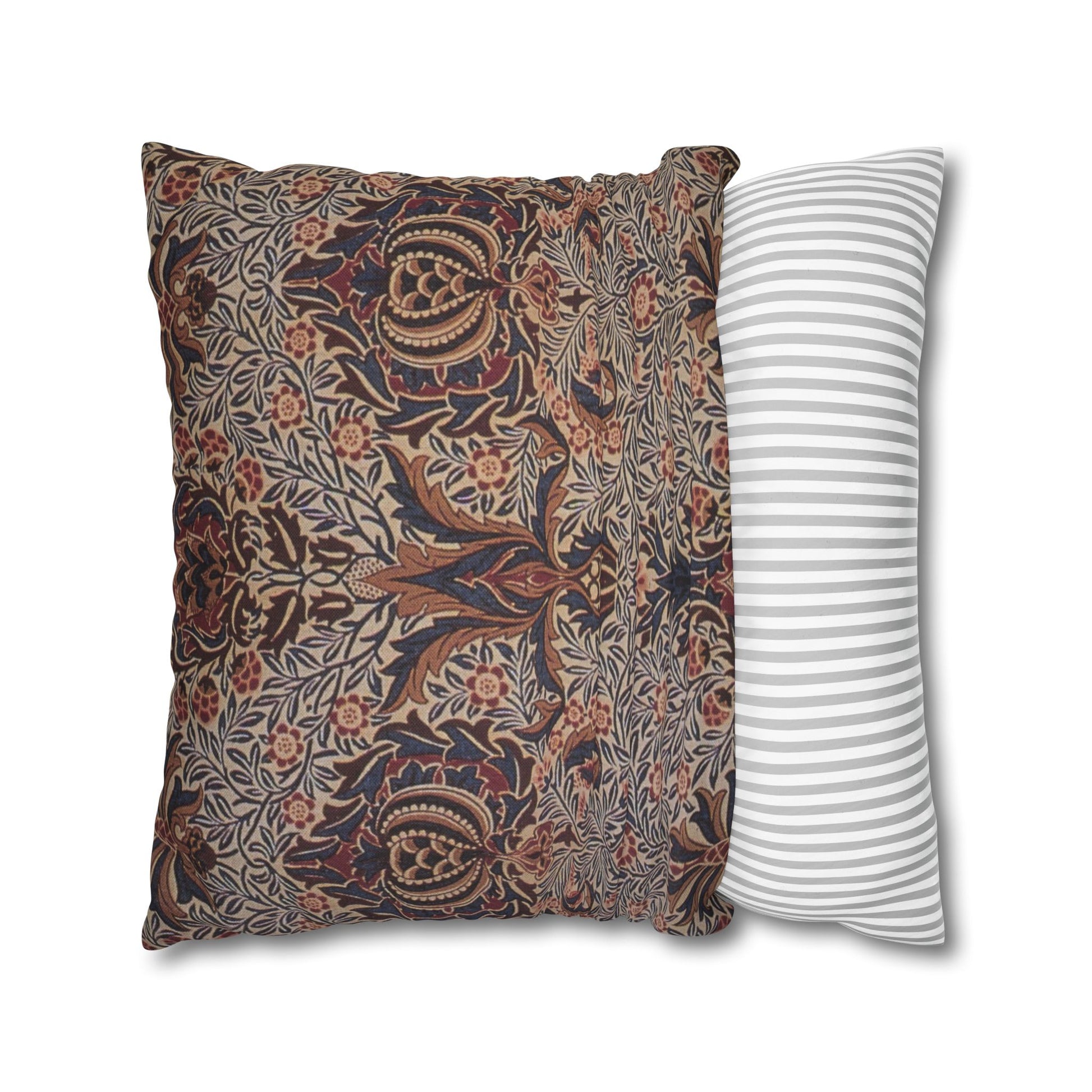 Two pillows, one with a floral pattern and the other with a striped pattern, on a white background.