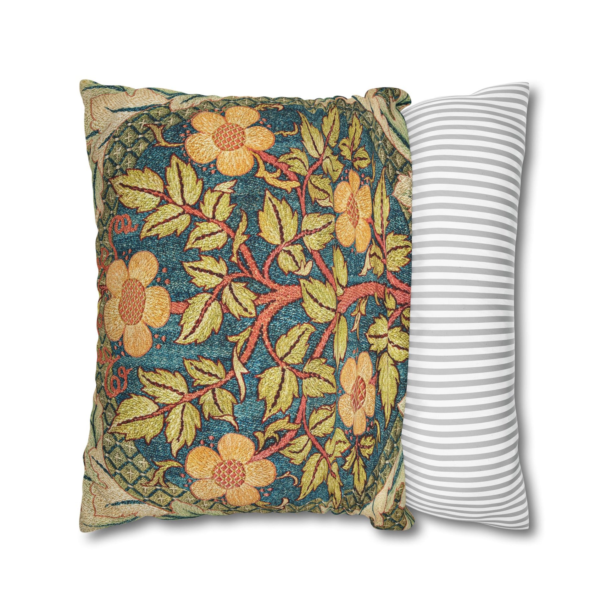 Floral-patterned pillow and a striped pillow on a white background