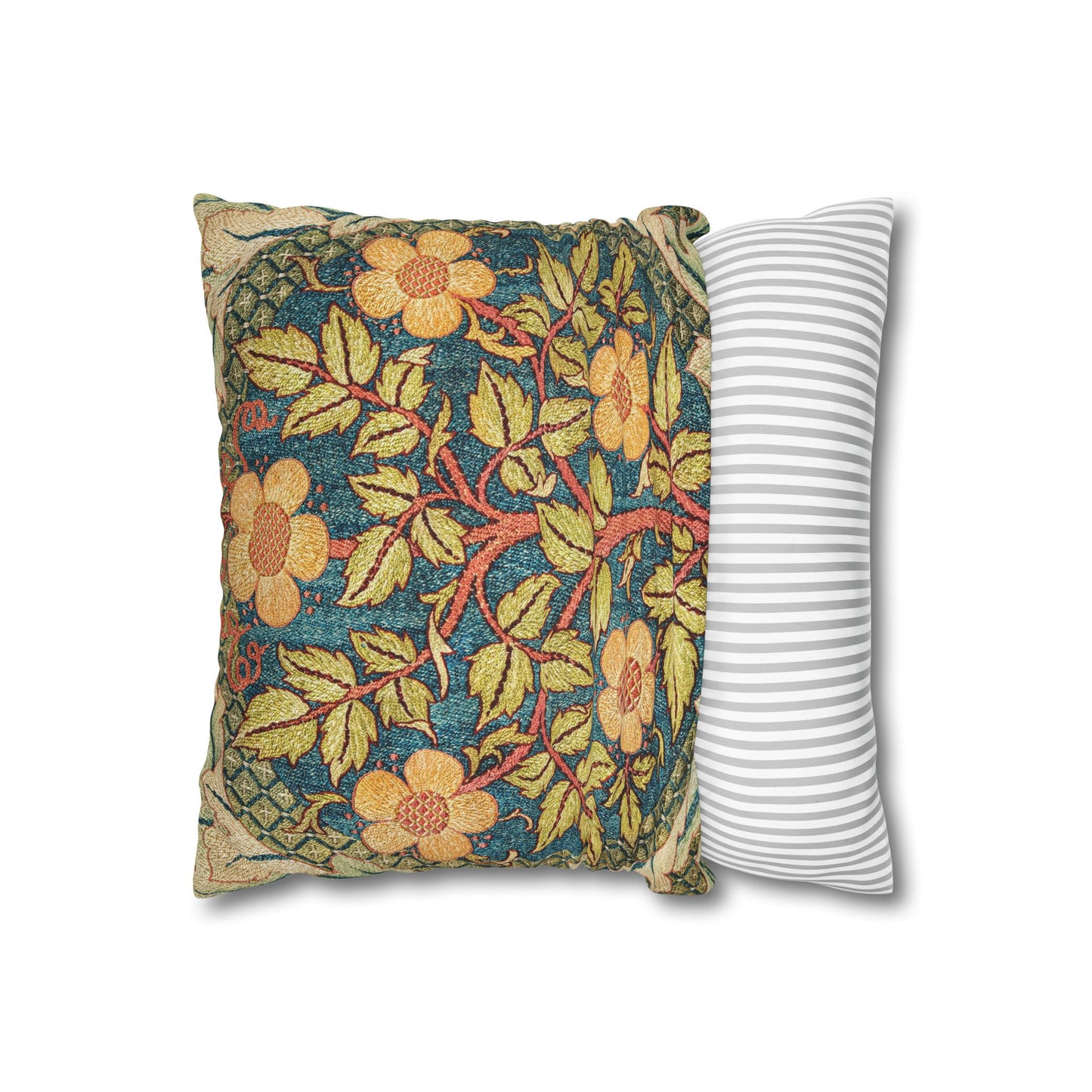 Floral-patterned pillow and a striped pillow on a white background