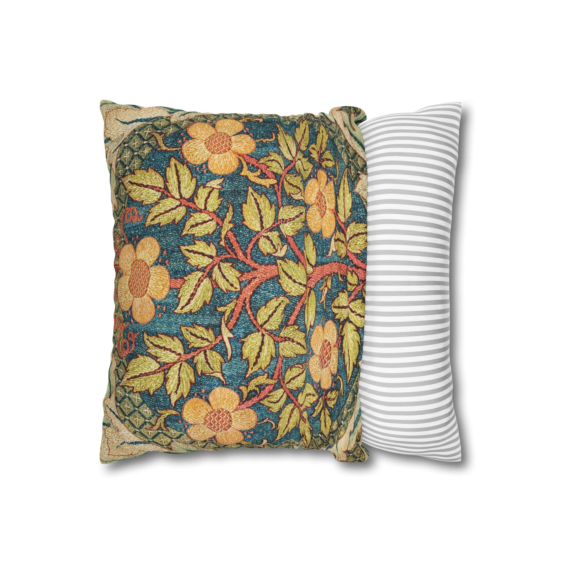 Floral-patterned pillow and a striped pillow on a white background