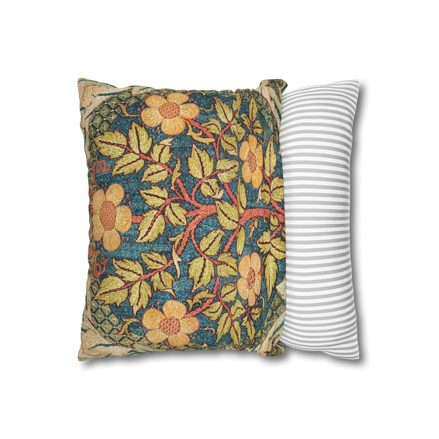 Floral-patterned pillow and a striped pillow on a white background