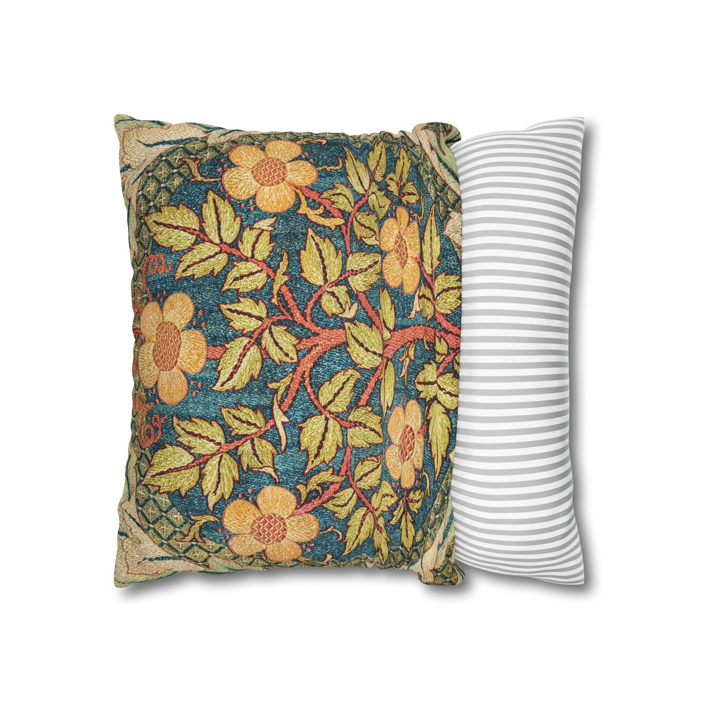 Floral-patterned pillow and a striped pillow on a white background