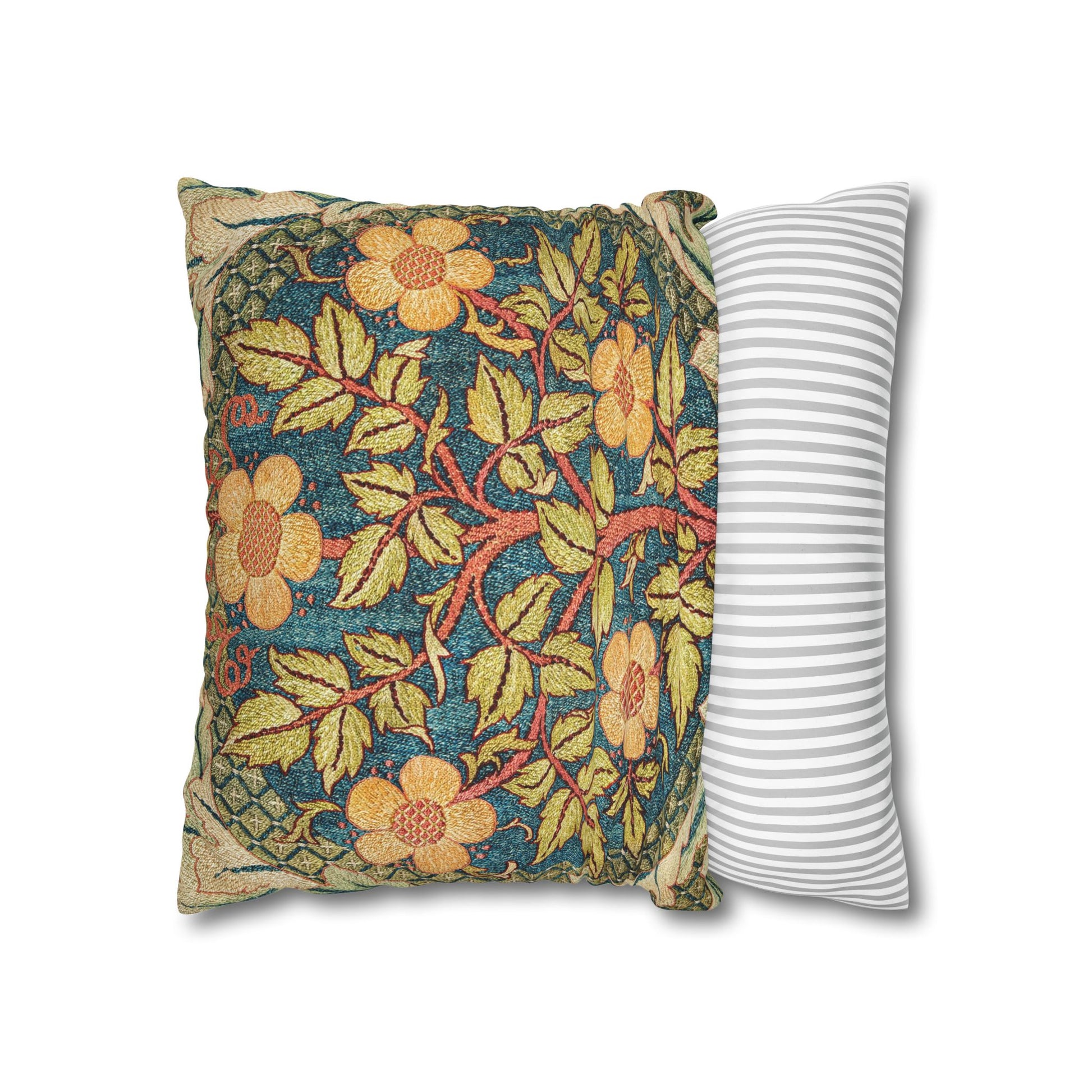 Floral-patterned pillow and a striped pillow on a white background