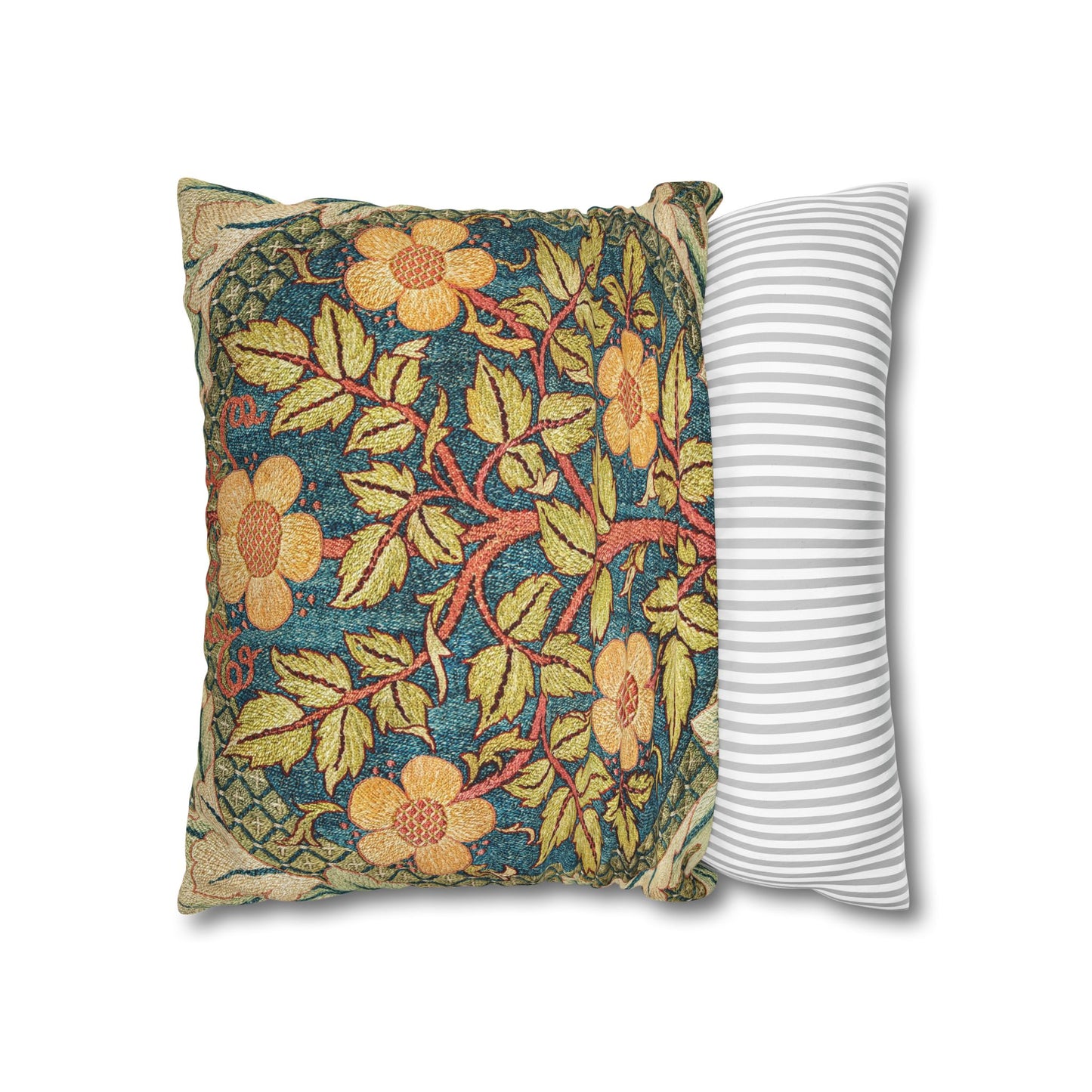 Floral-patterned pillow and a striped pillow on a white background
