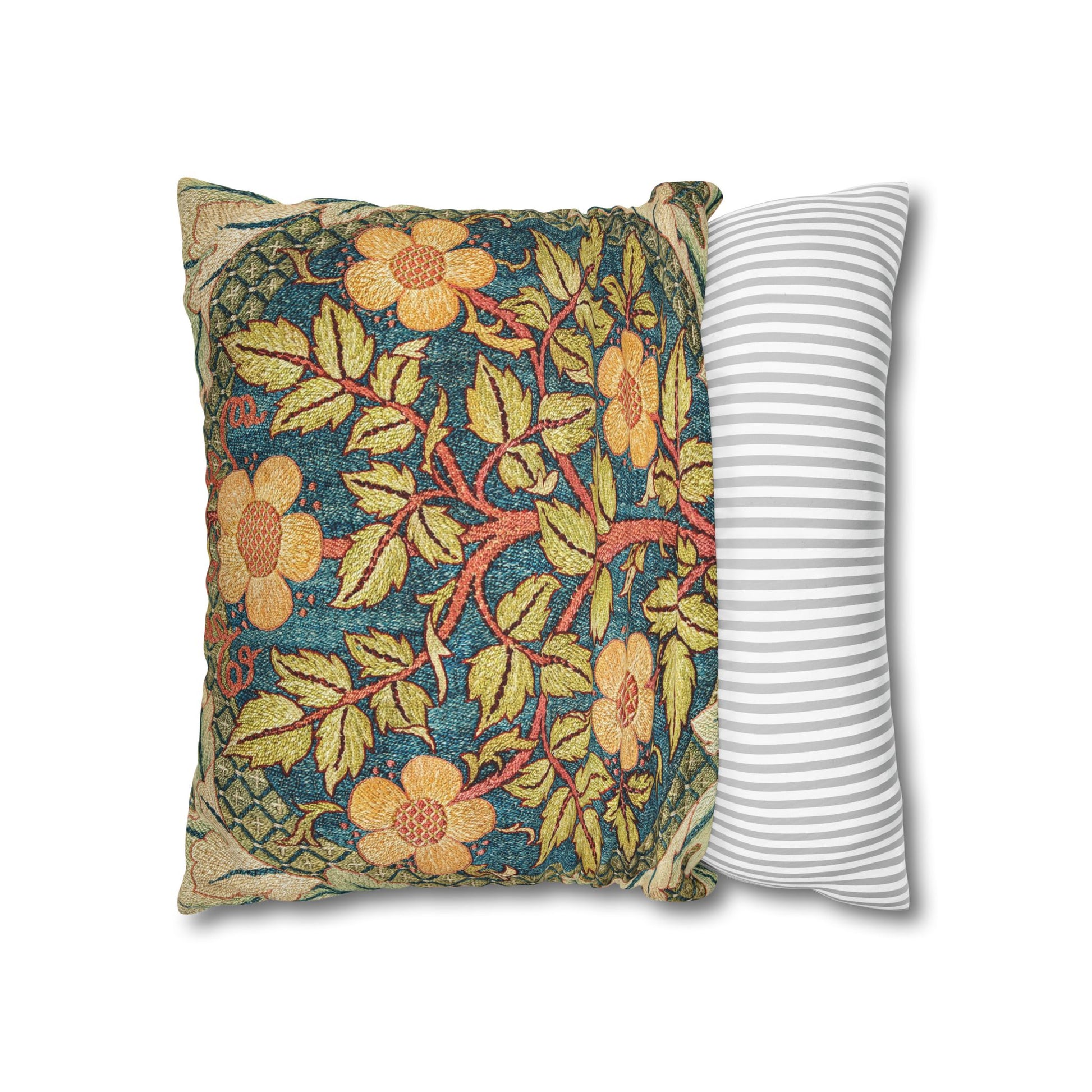 Floral-patterned pillow and a striped pillow on a white background
