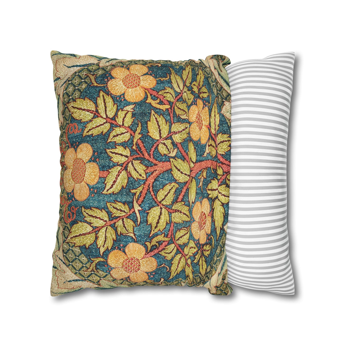 Two pillows, one with floral pattern and the other with stripes, on a white background.