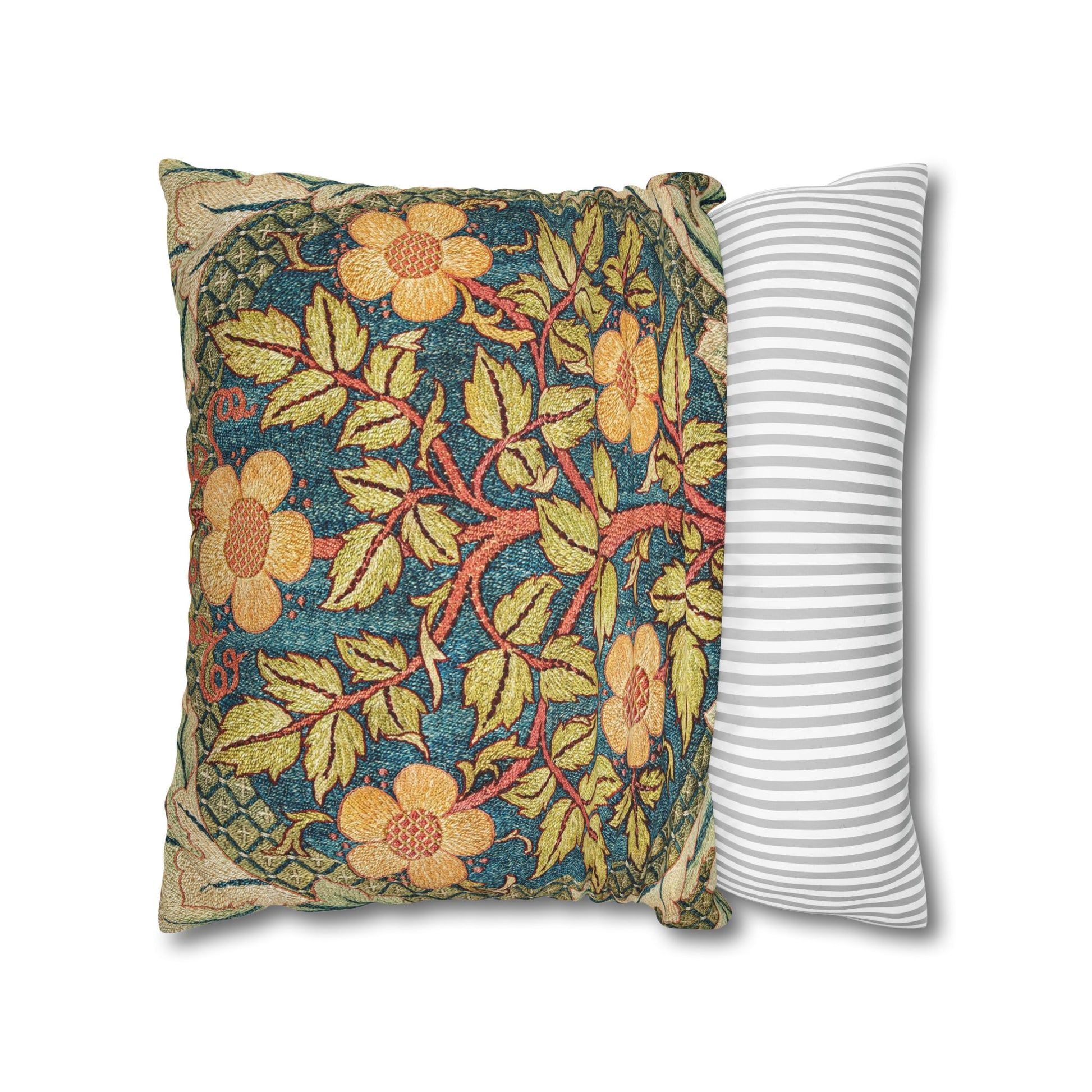 Two pillows, one with floral pattern and the other with stripes, on a white background.