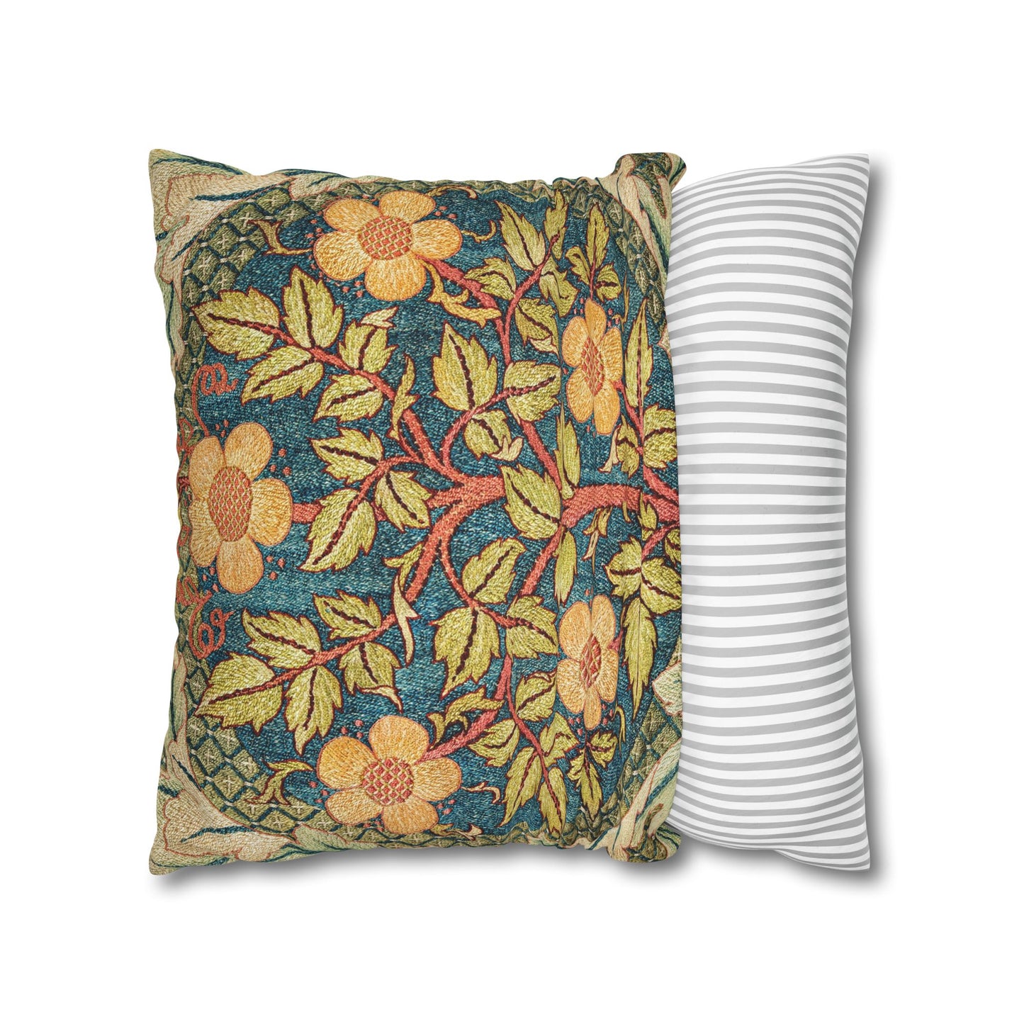 Floral-patterned pillow and a striped pillow on a white background