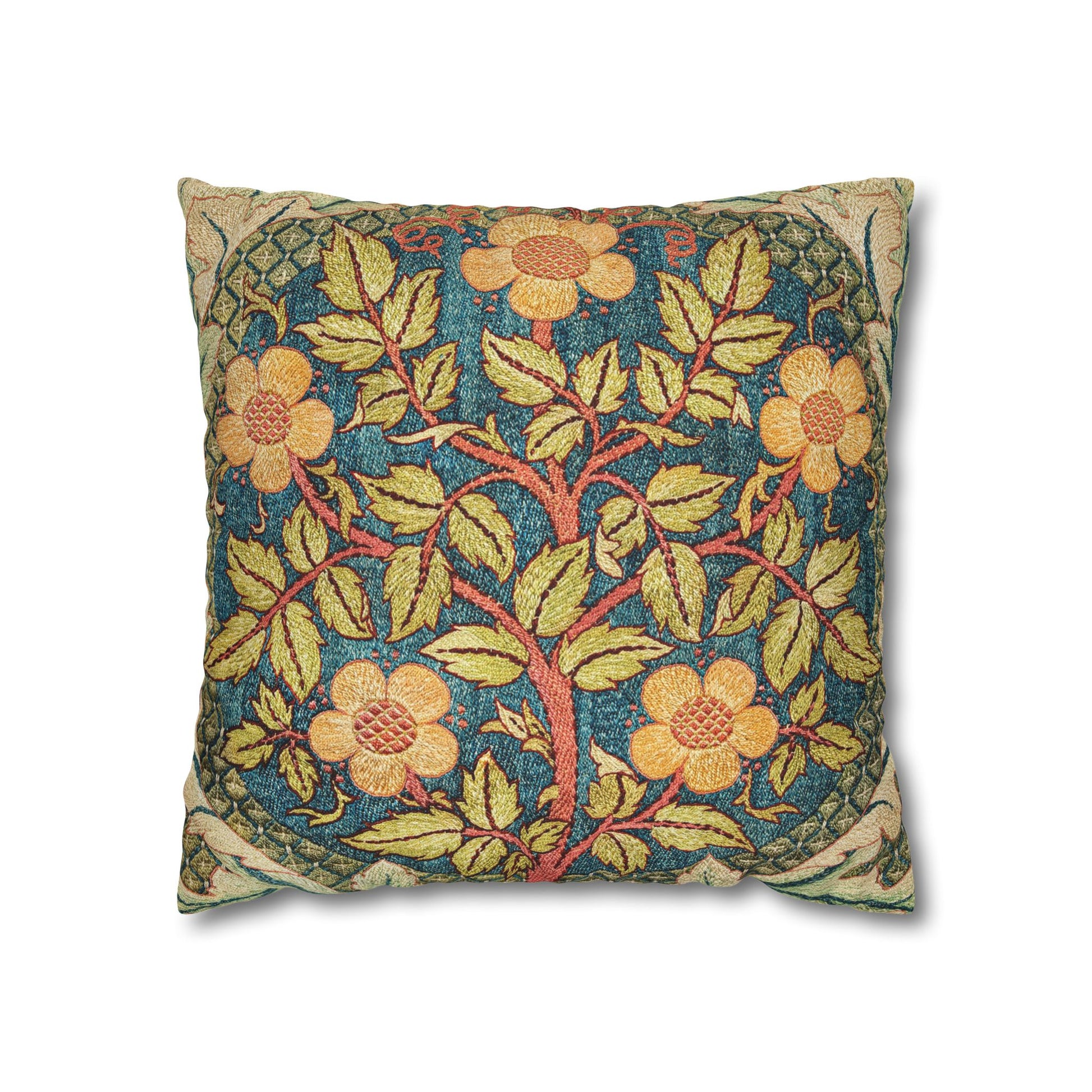 Decorative pillow with floral and branch pattern on a blue background