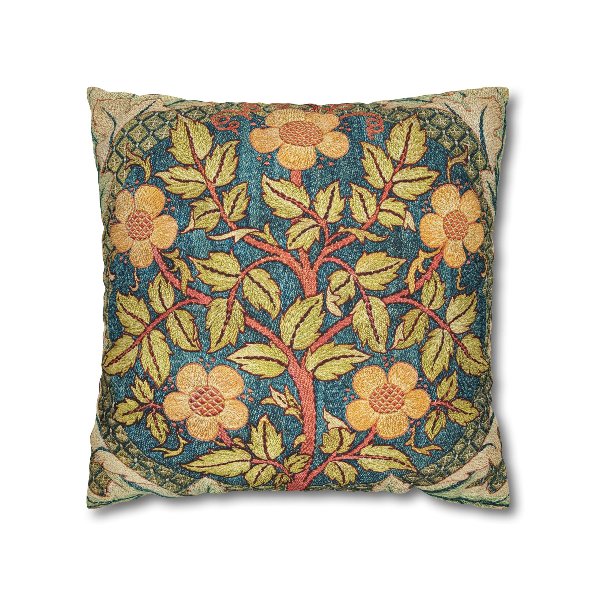 Decorative pillow with floral and tree design on a white background