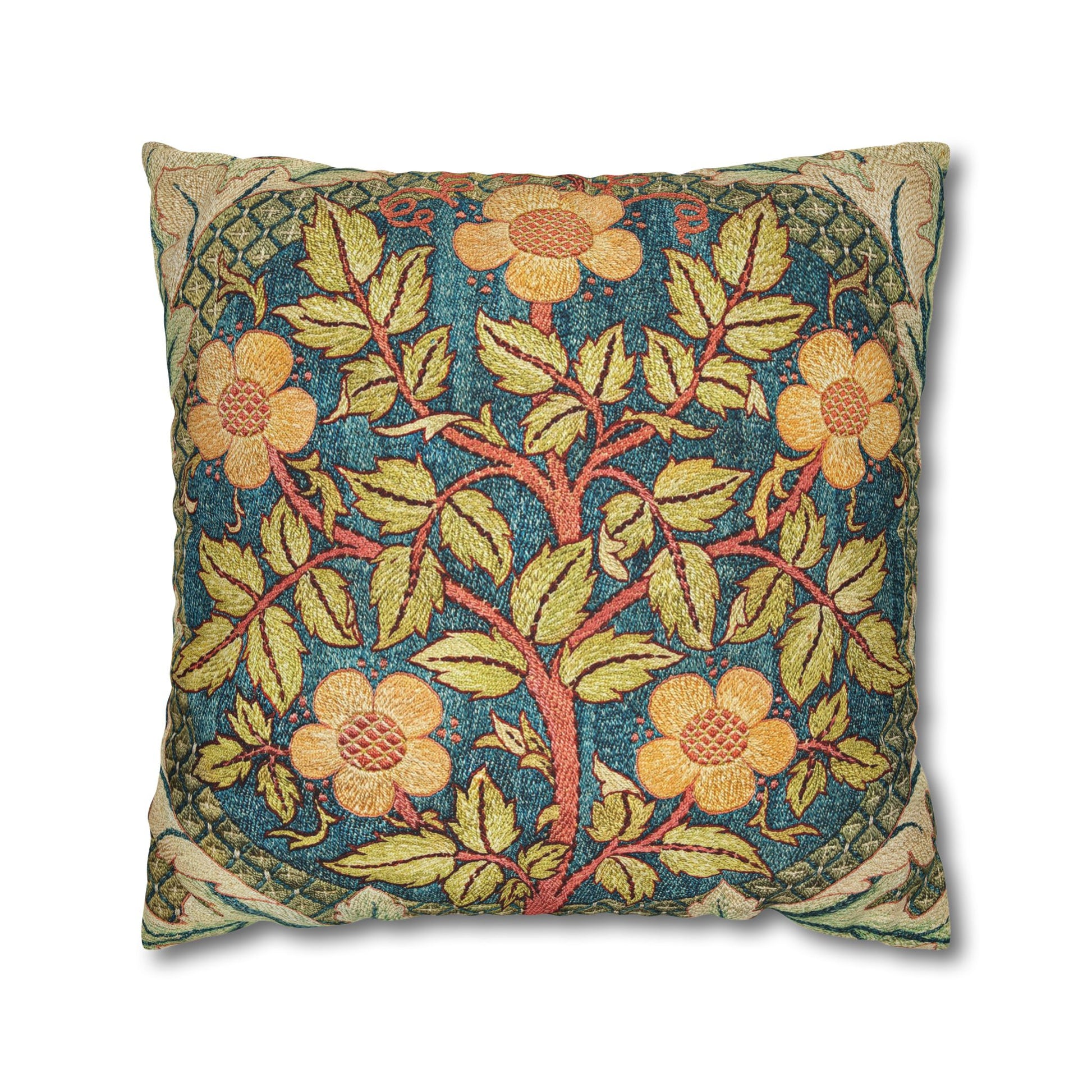 Decorative pillow with floral and tree pattern on a white background