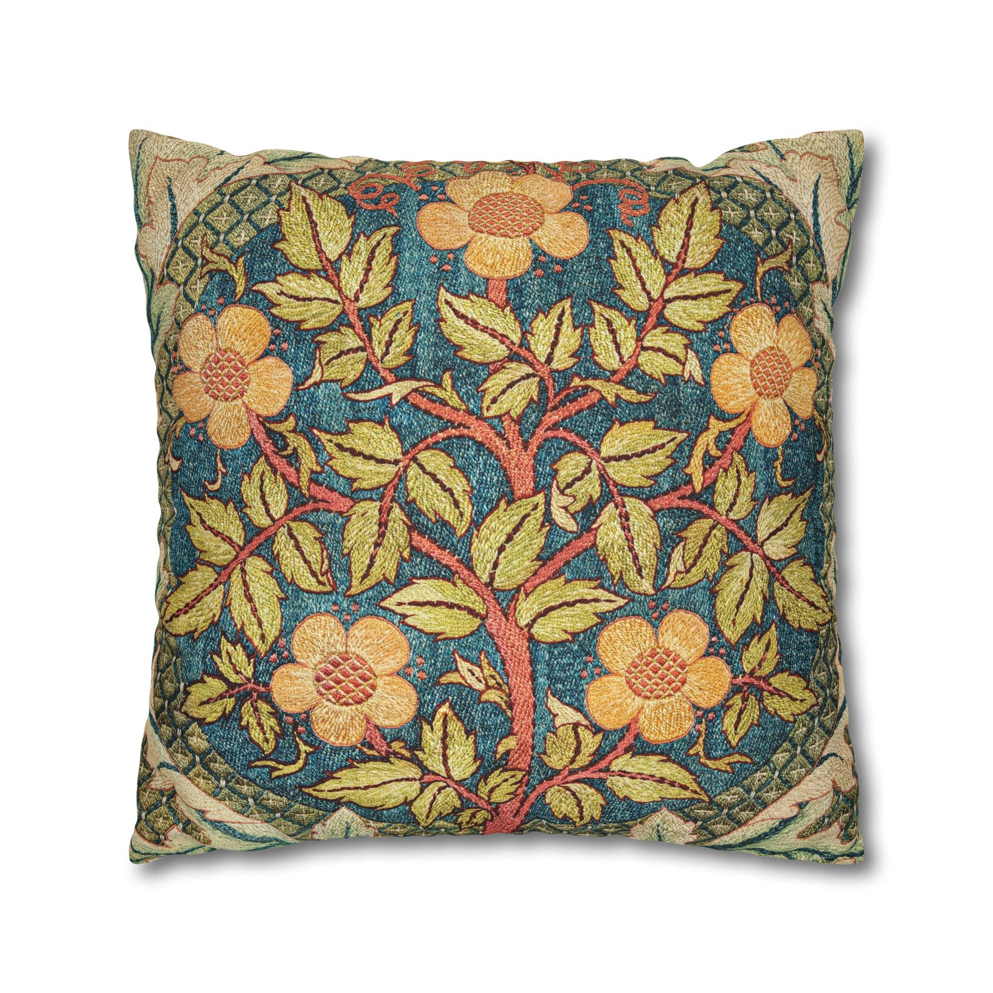 Decorative pillow with floral and tree design on a white background