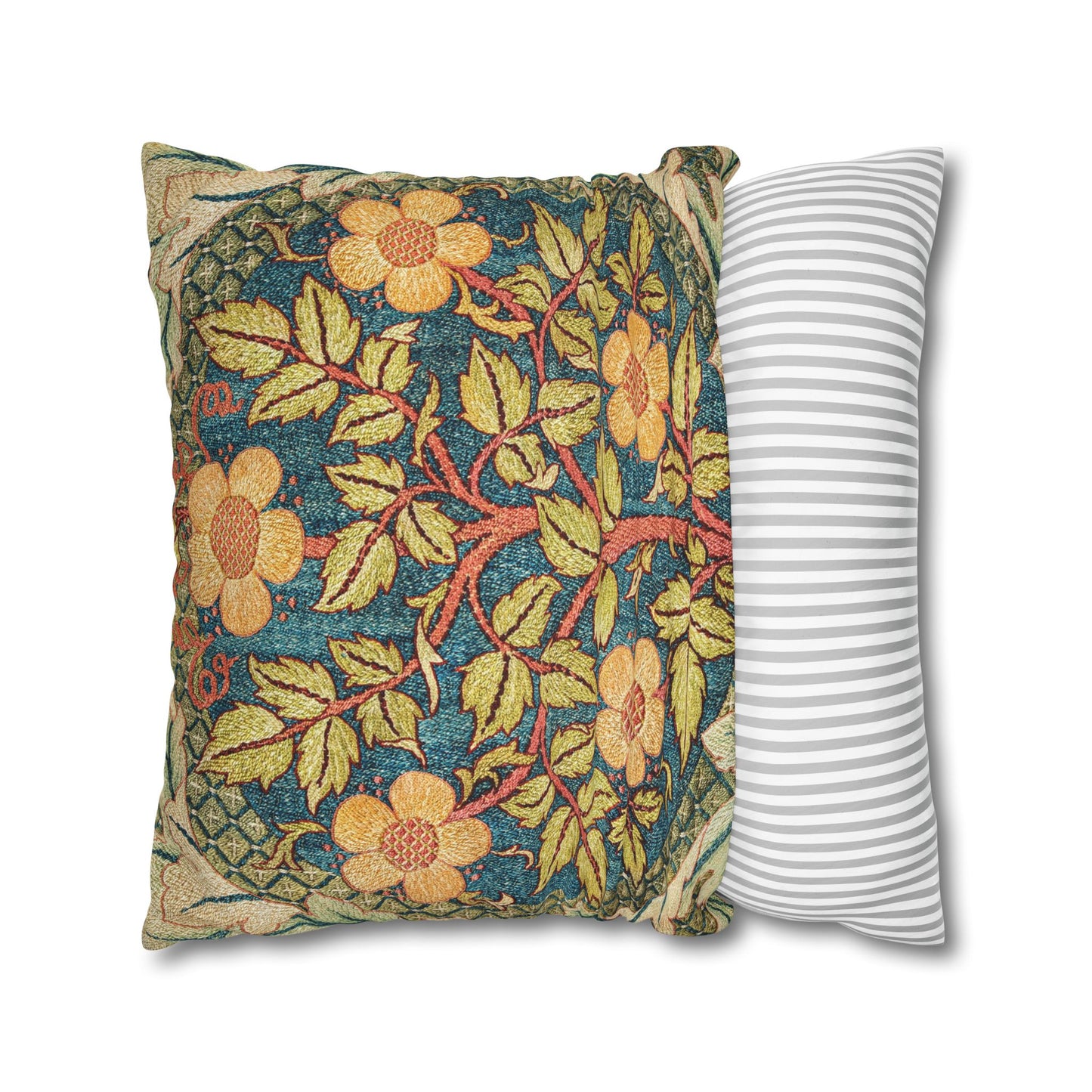 Floral-patterned pillow and a striped pillow on a white background