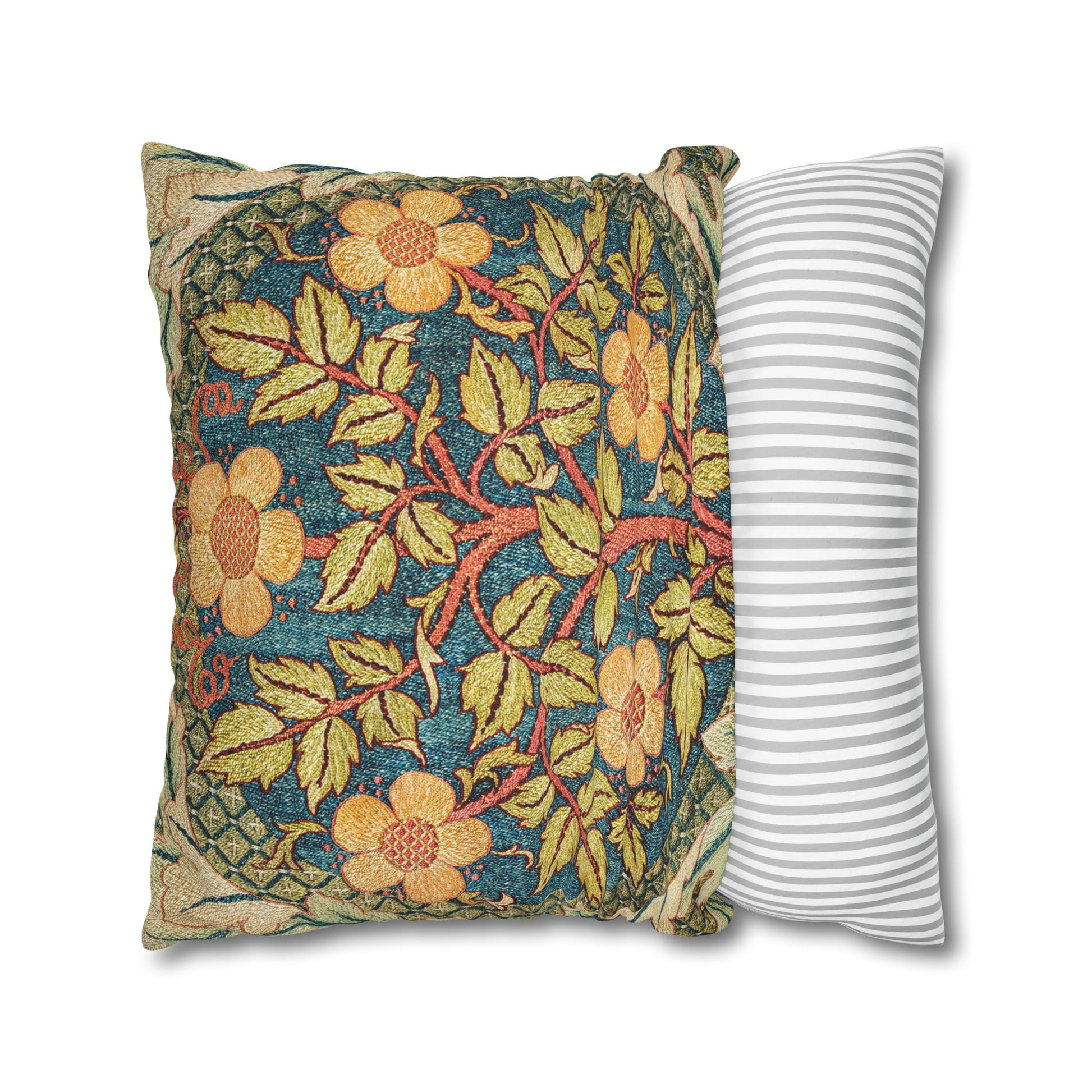 Floral-patterned pillow and a striped pillow on a white background