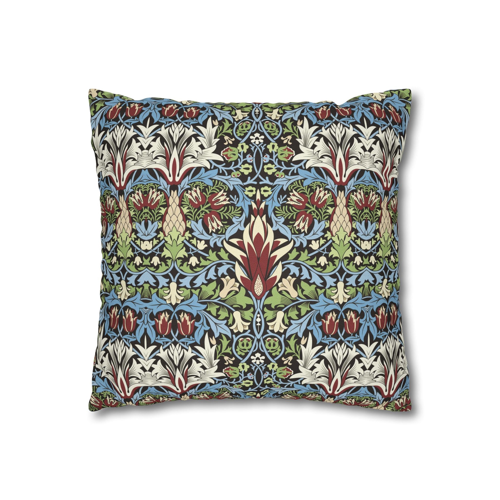 Decorative pillow with a colourful floral pattern on a white background - William Morris Snakeshead