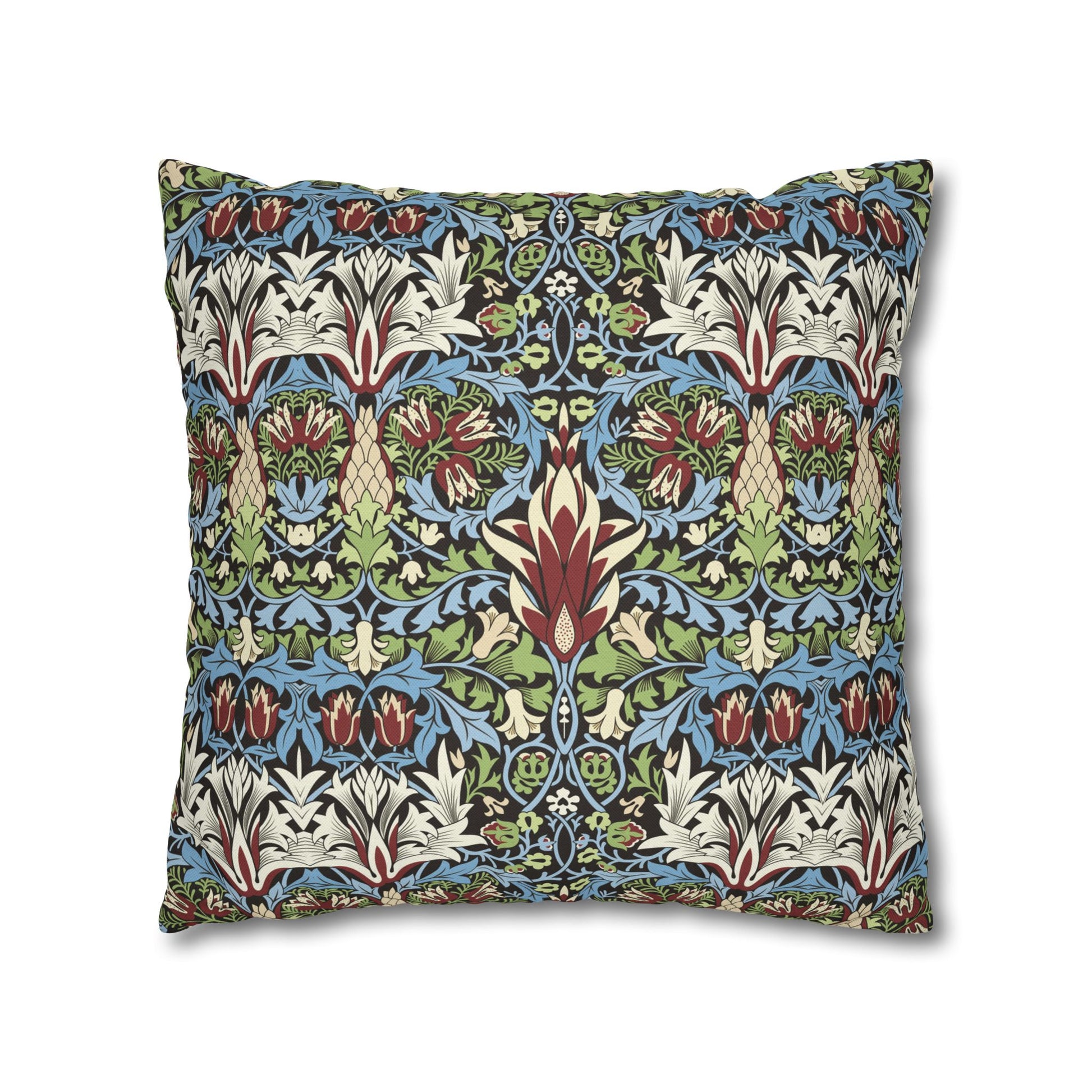 Decorative pillow with a multicoloured floral pattern on a white background - William Morris Snakeshead