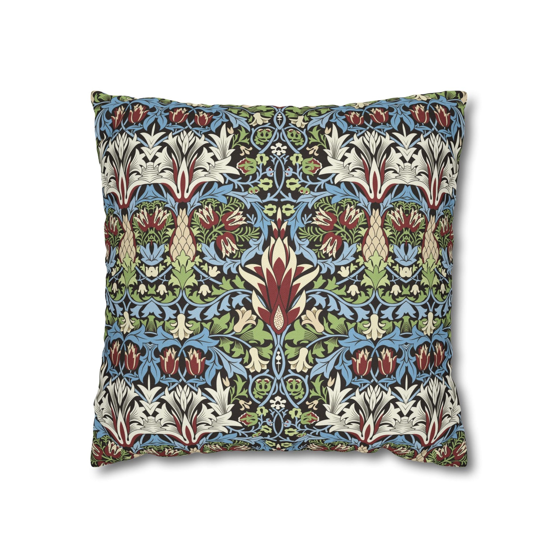 Decorative pillow with a colourful floral pattern on a white background - William Morris Snakeshead