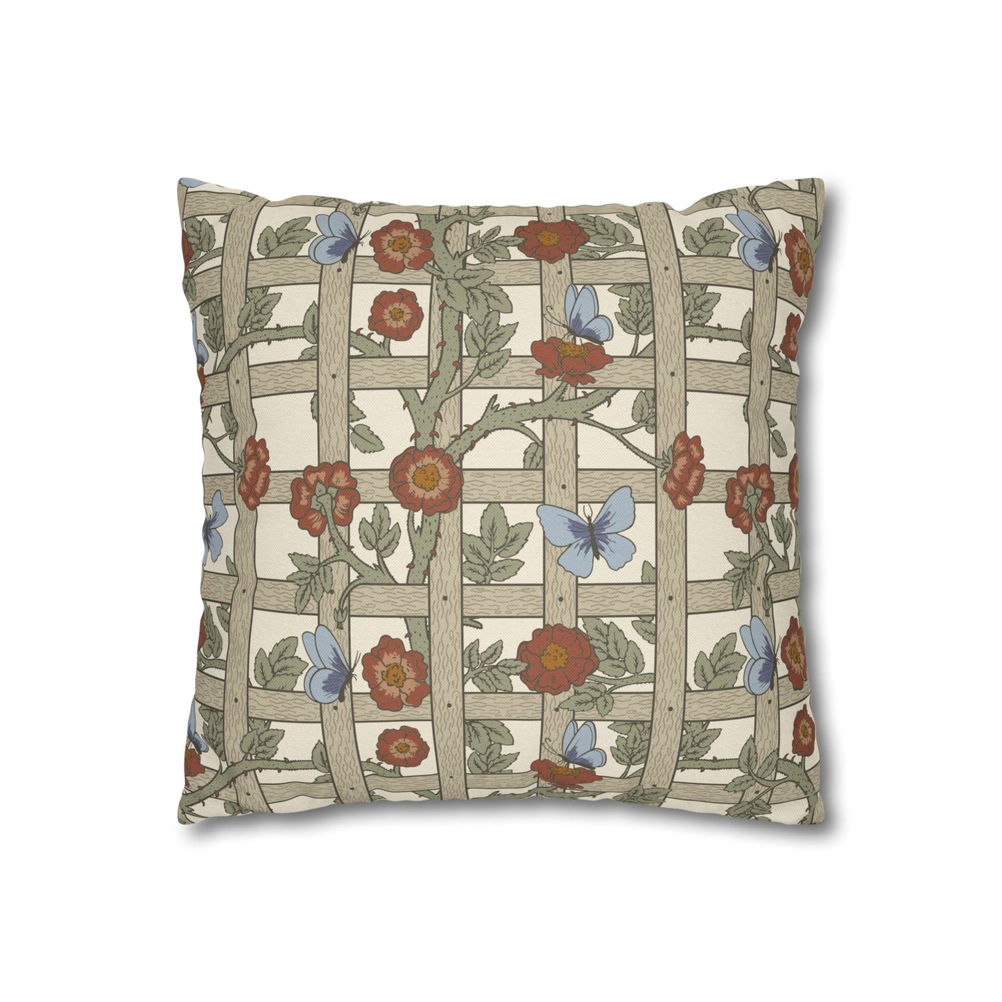 Decorative pillow with floral and butterfly pattern on a white background
