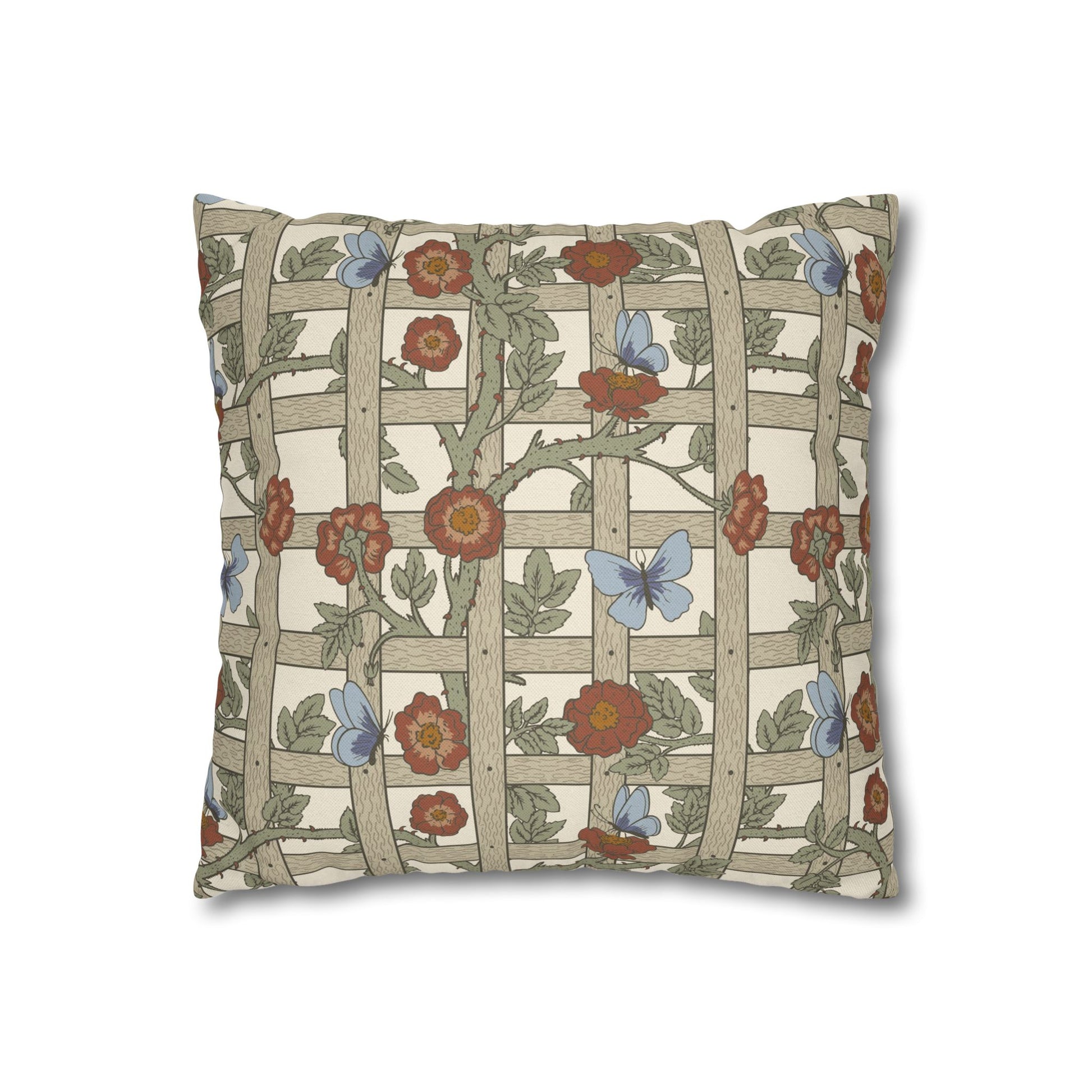 Decorative pillow with floral and butterfly pattern on a white background