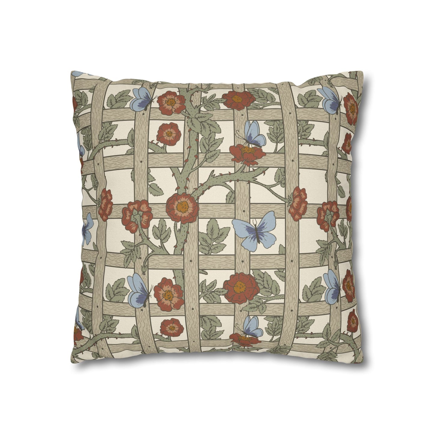 Decorative pillow with floral and butterfly pattern on a white background