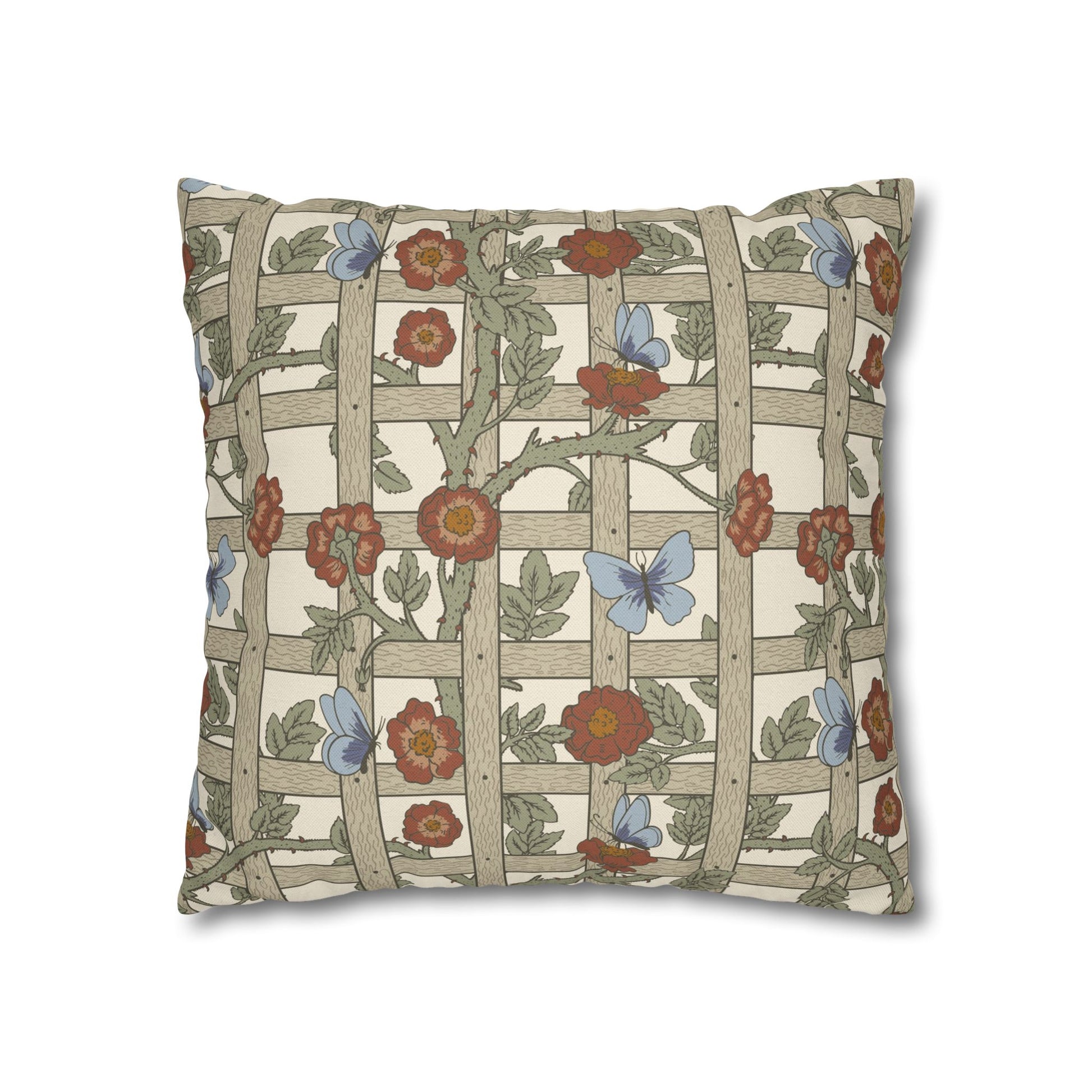 Decorative pillow with floral and butterfly pattern on a white background