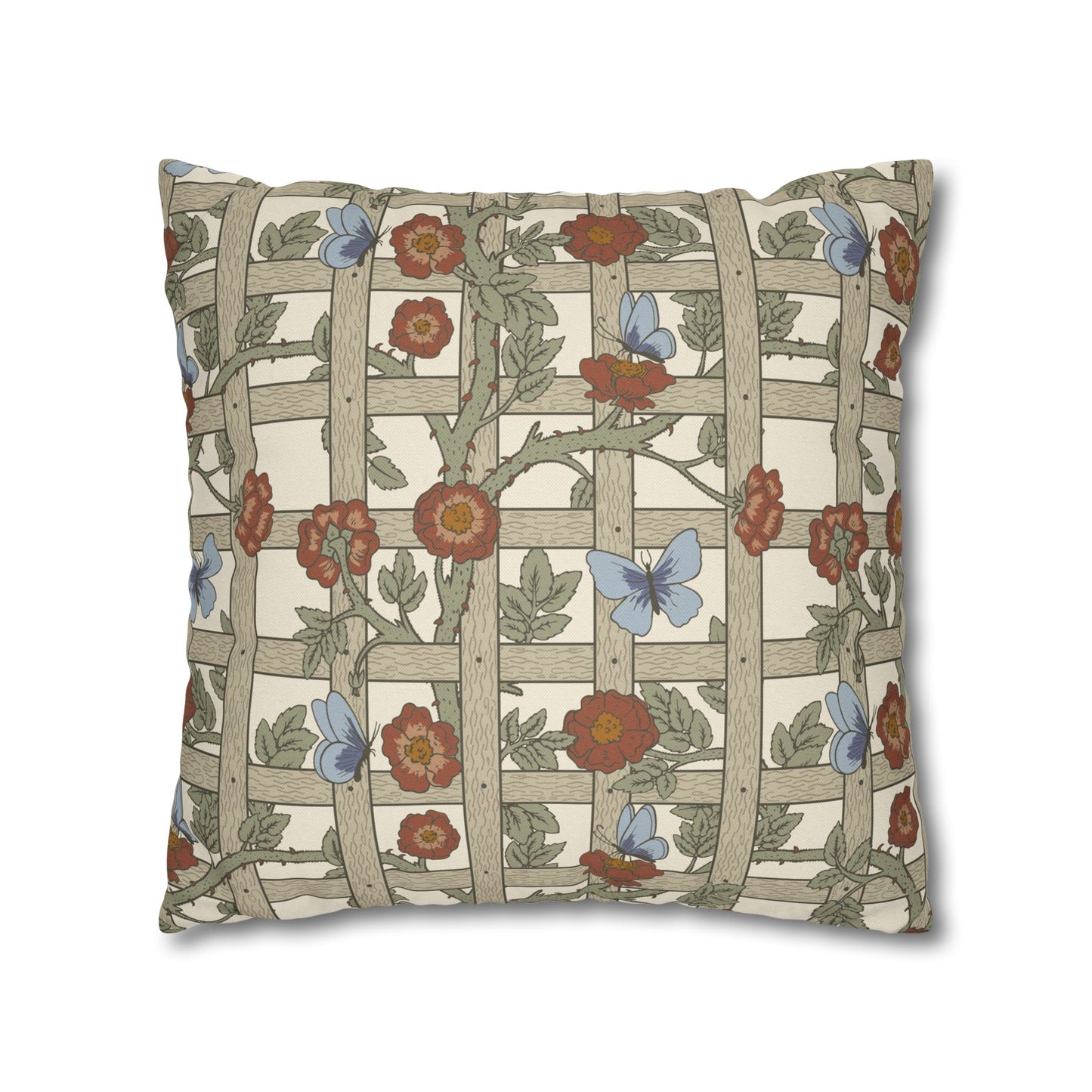 Decorative pillow with floral and butterfly pattern on a white background